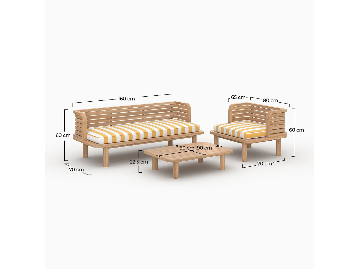 Salotto da giardino 3 posti in legno di teak e tessuto a righe giallo - Kilda