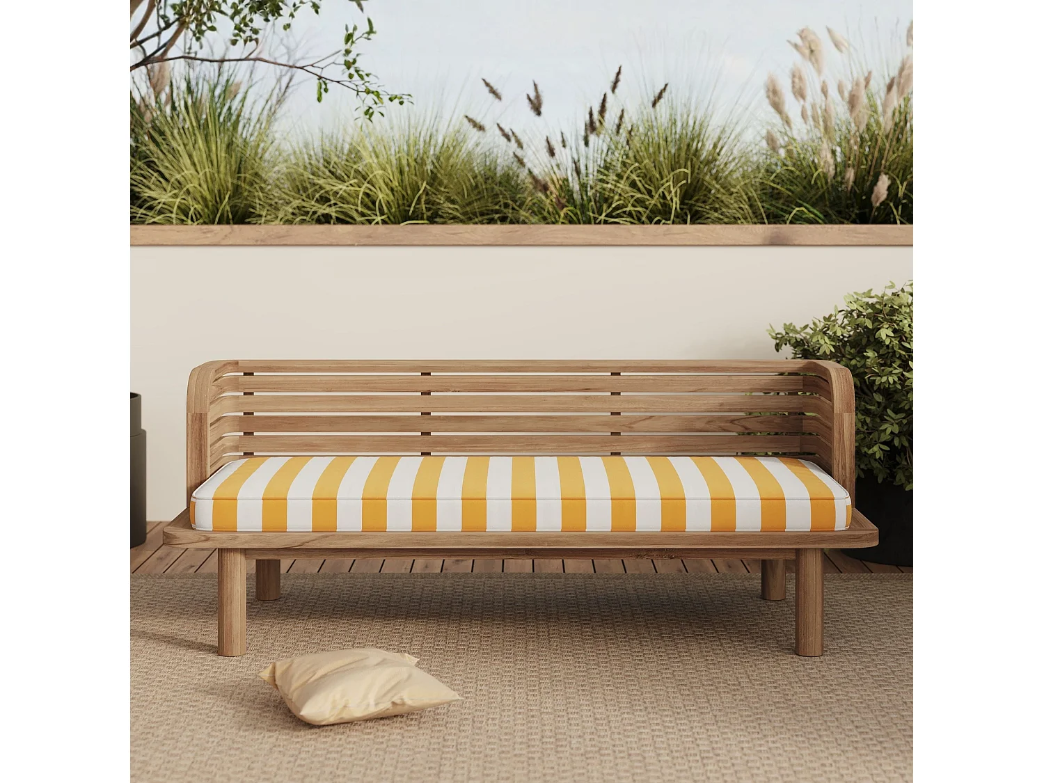 Salotto da giardino 3 posti in legno di teak e tessuto a righe giallo - Kilda