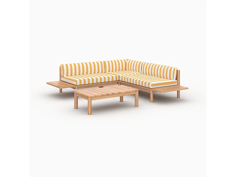Salon de jardin 4 personnes en teck massif et tissu rayé jaune - Nadila