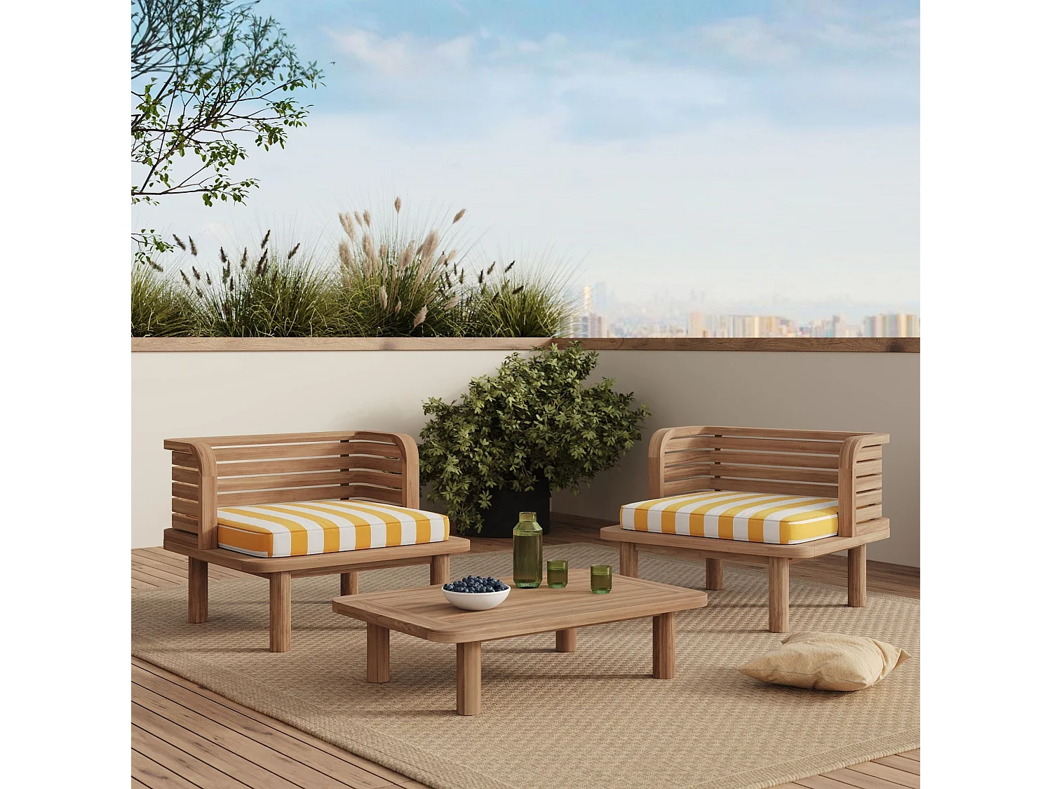 Salotto da giardino 2 posti in teak, tessuto giallo rigato, 2 poltrone - Kilda