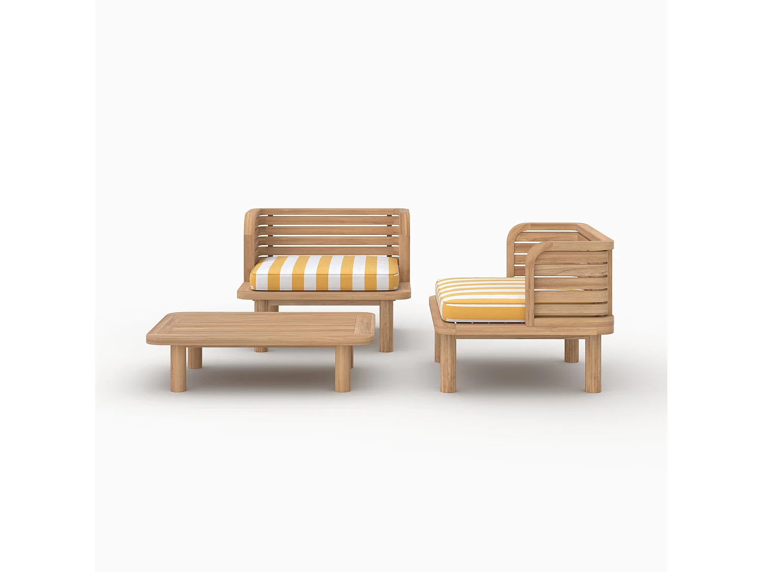 Salotto da giardino 2 posti in teak, tessuto giallo rigato, 2 poltrone - Kilda