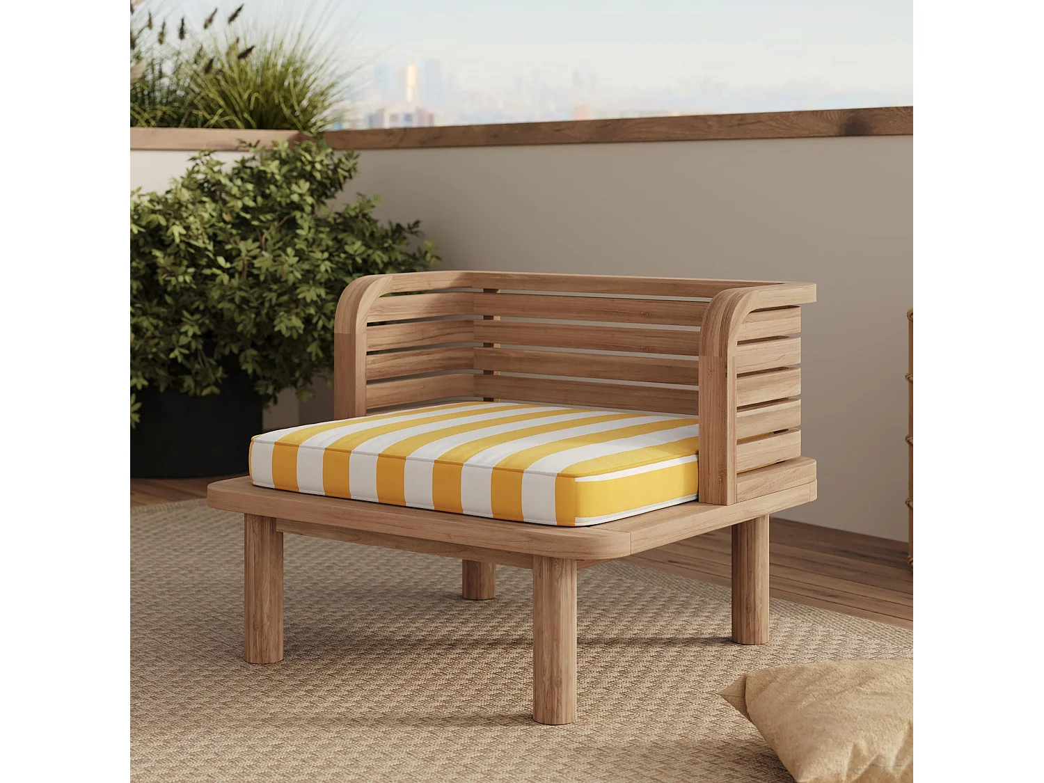 Salotto da giardino 2 posti in teak, tessuto giallo rigato, 2 poltrone - Kilda