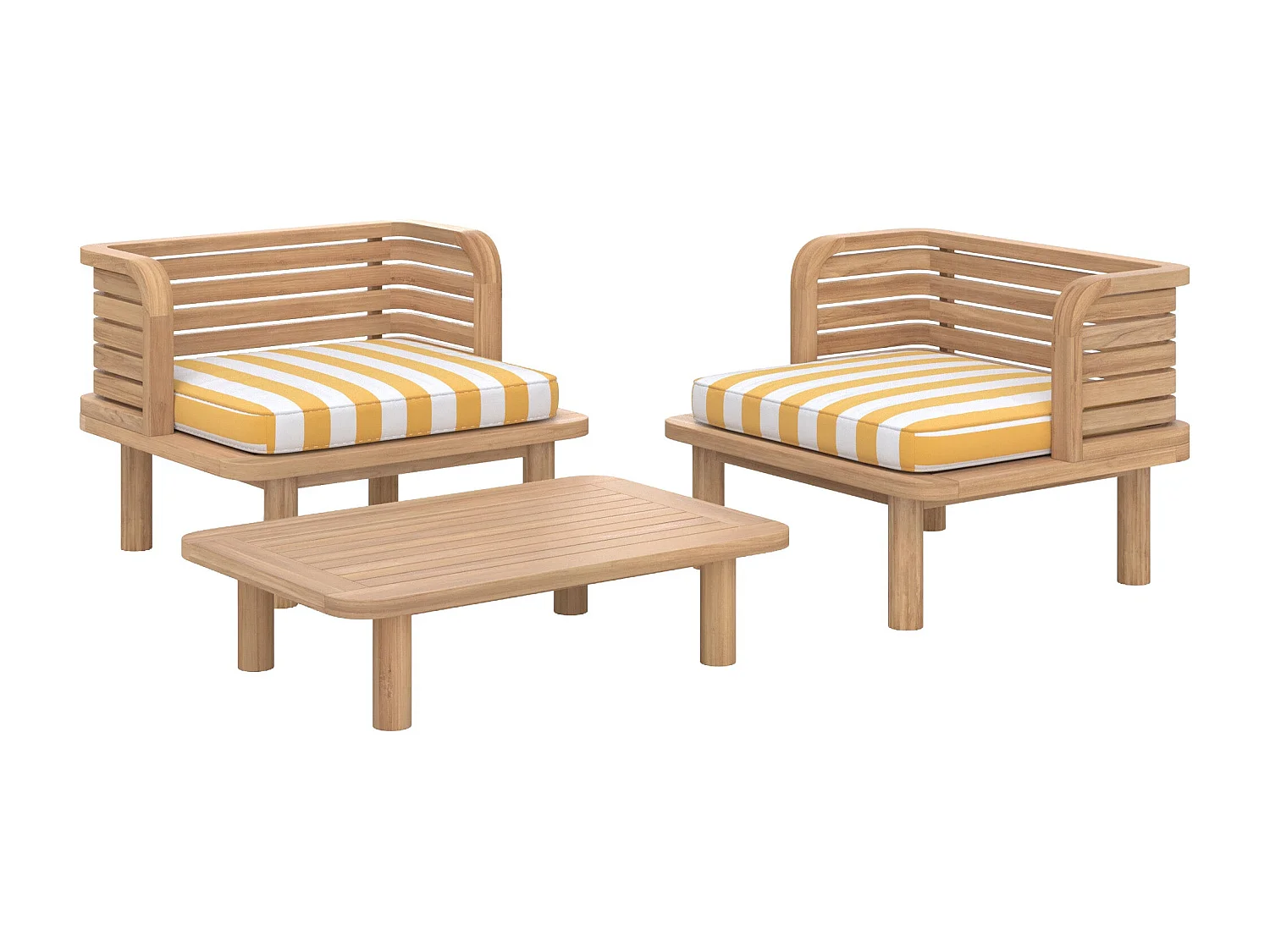 Salon de jardin 2 places en teck, tissu rayé jaune, 2 fauteuils - Kilda