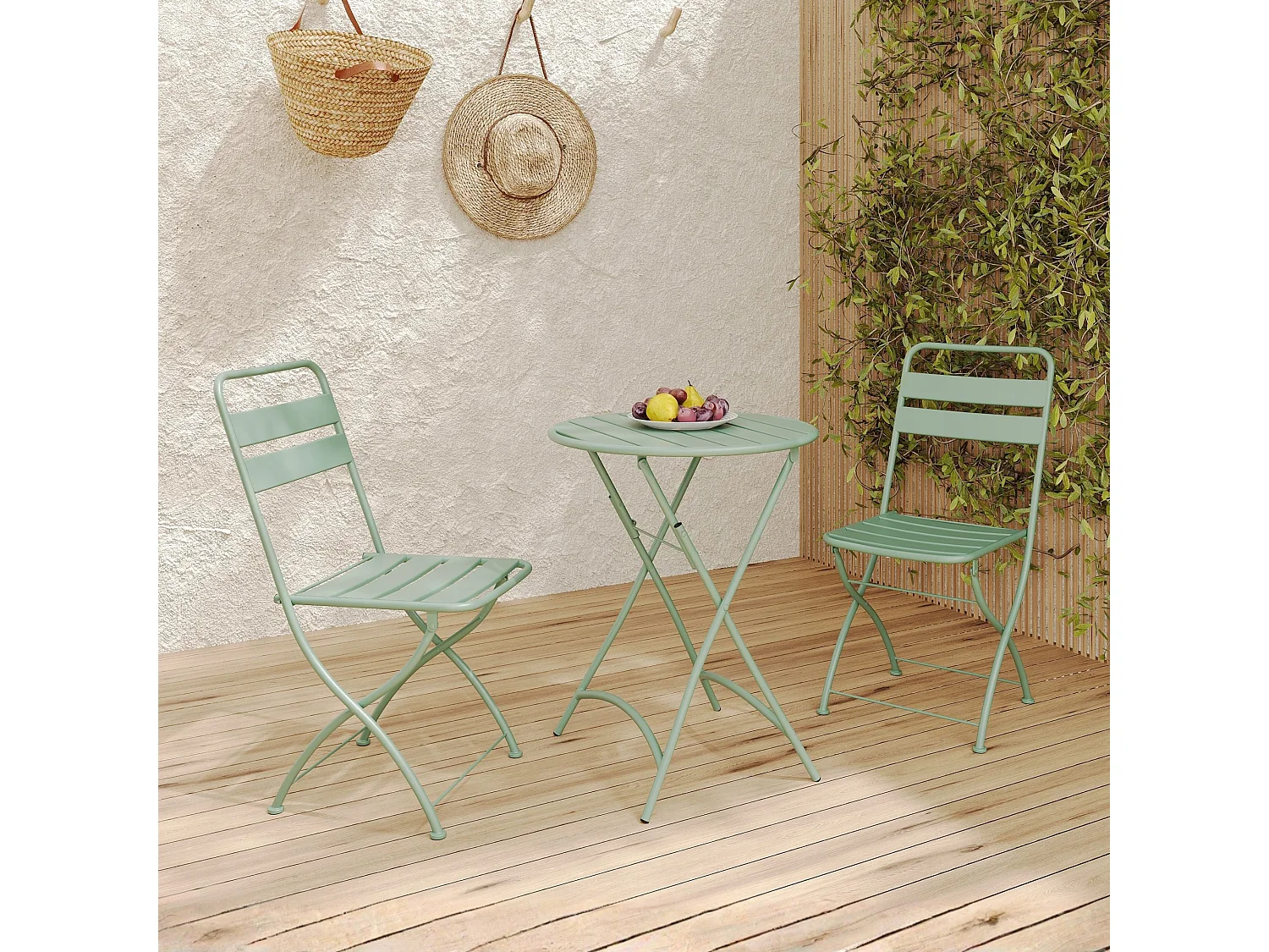 Table de jardin ronde et pliante en metal vert clair 2 personnes - Yumi