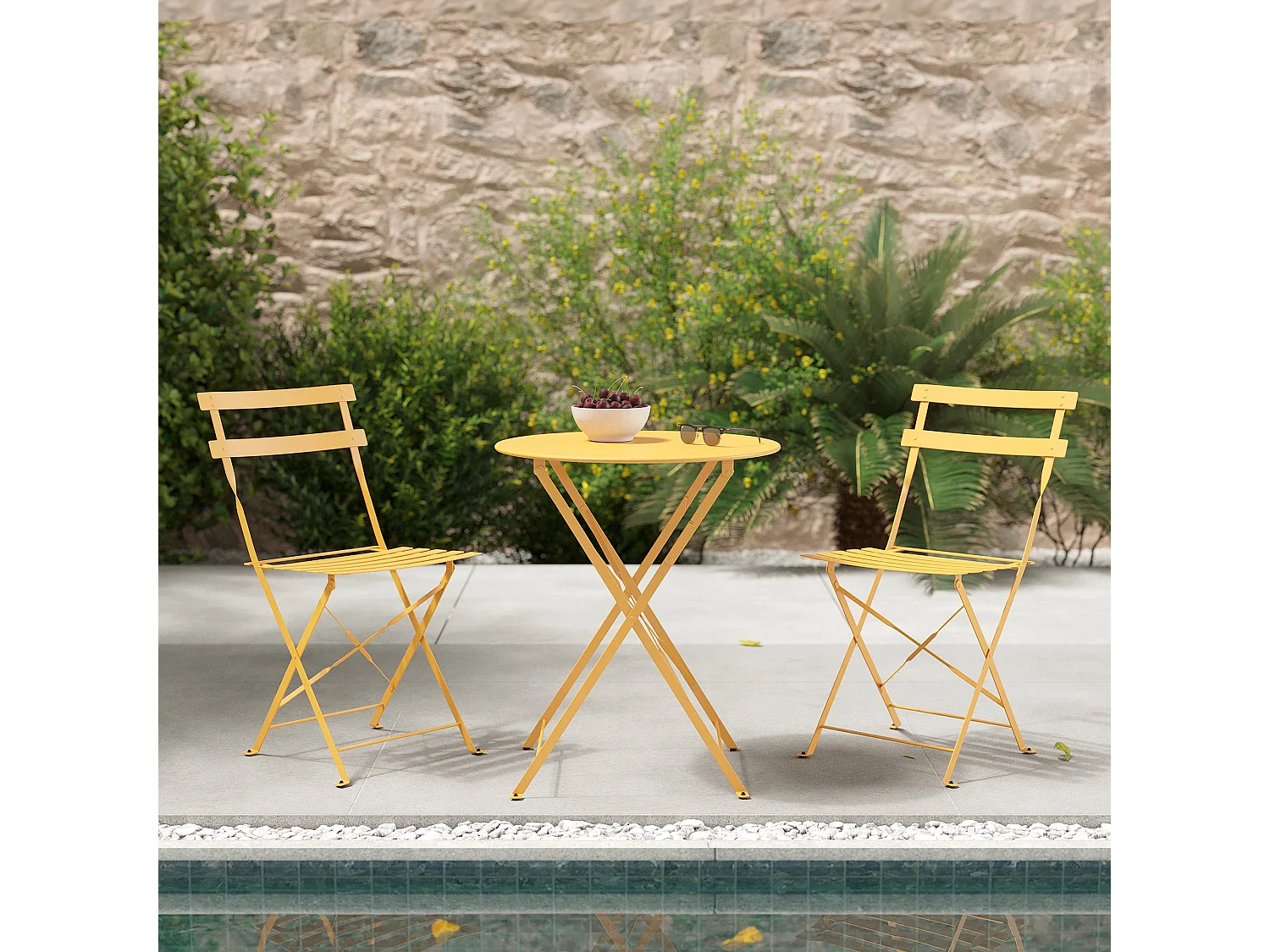 Table de jardin ronde et pliante en métal jaune beurre 2 personnes - Kayla