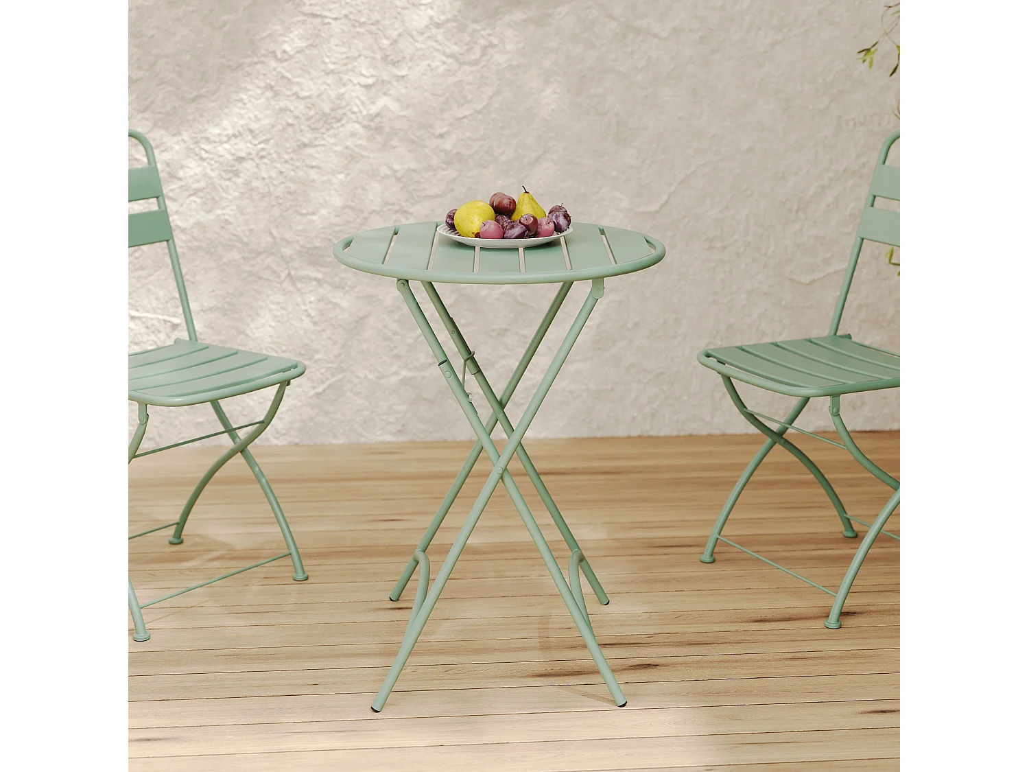 Table ronde et chaises de jardin pliantes 2 places en métal vert - Yumi