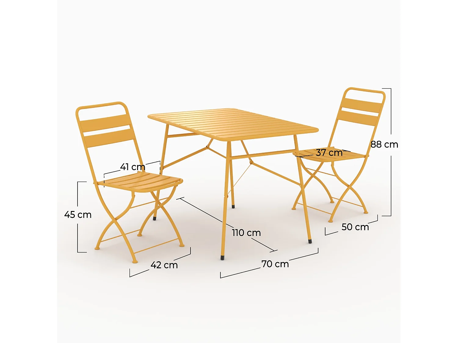 Table et chaises de jardin pliantes 4 personnes en métal jaune - Yumi