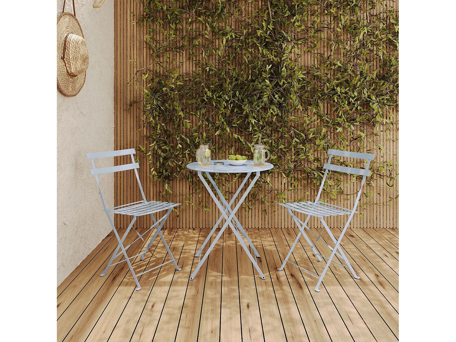 Table de jardin ronde et pliante en métal bleu pastel 2 personnes - Kayla