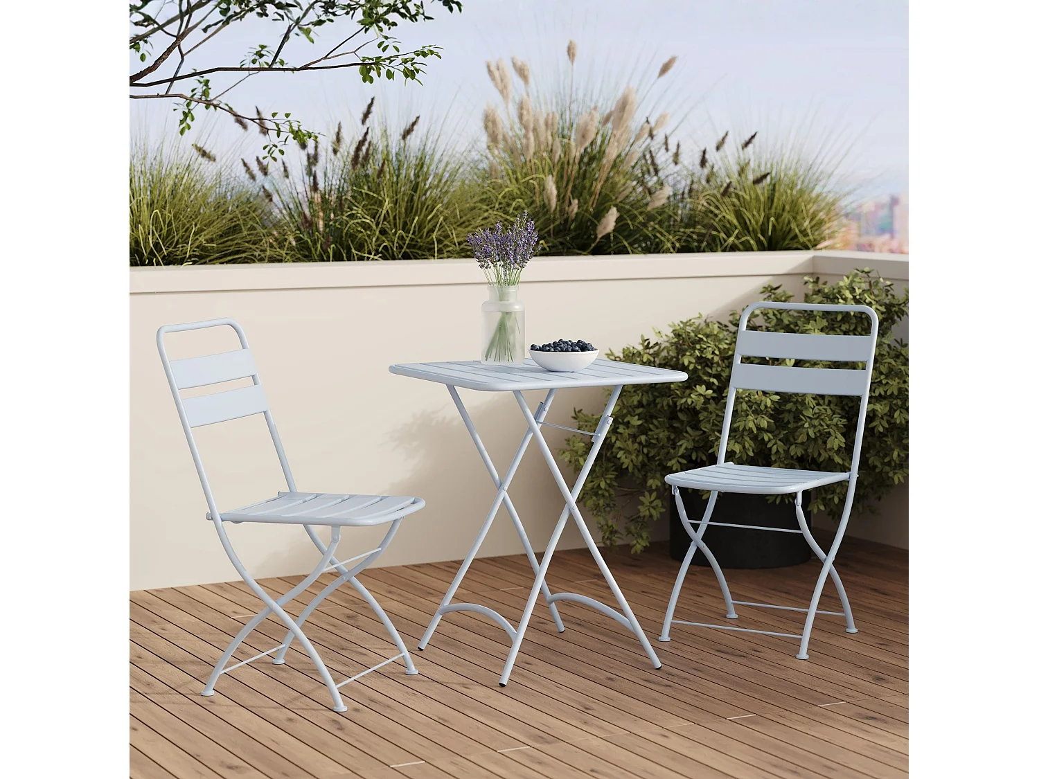 Table et chaises de jardin pliantes 2 personnes en métal bleu - Yumi