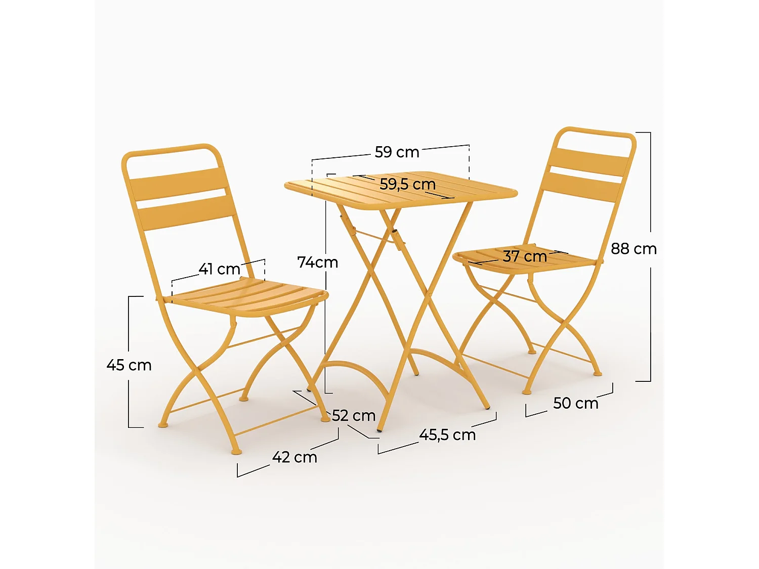 Table et chaises de jardin pliantes 2 personnes en métal jaune - Yumi