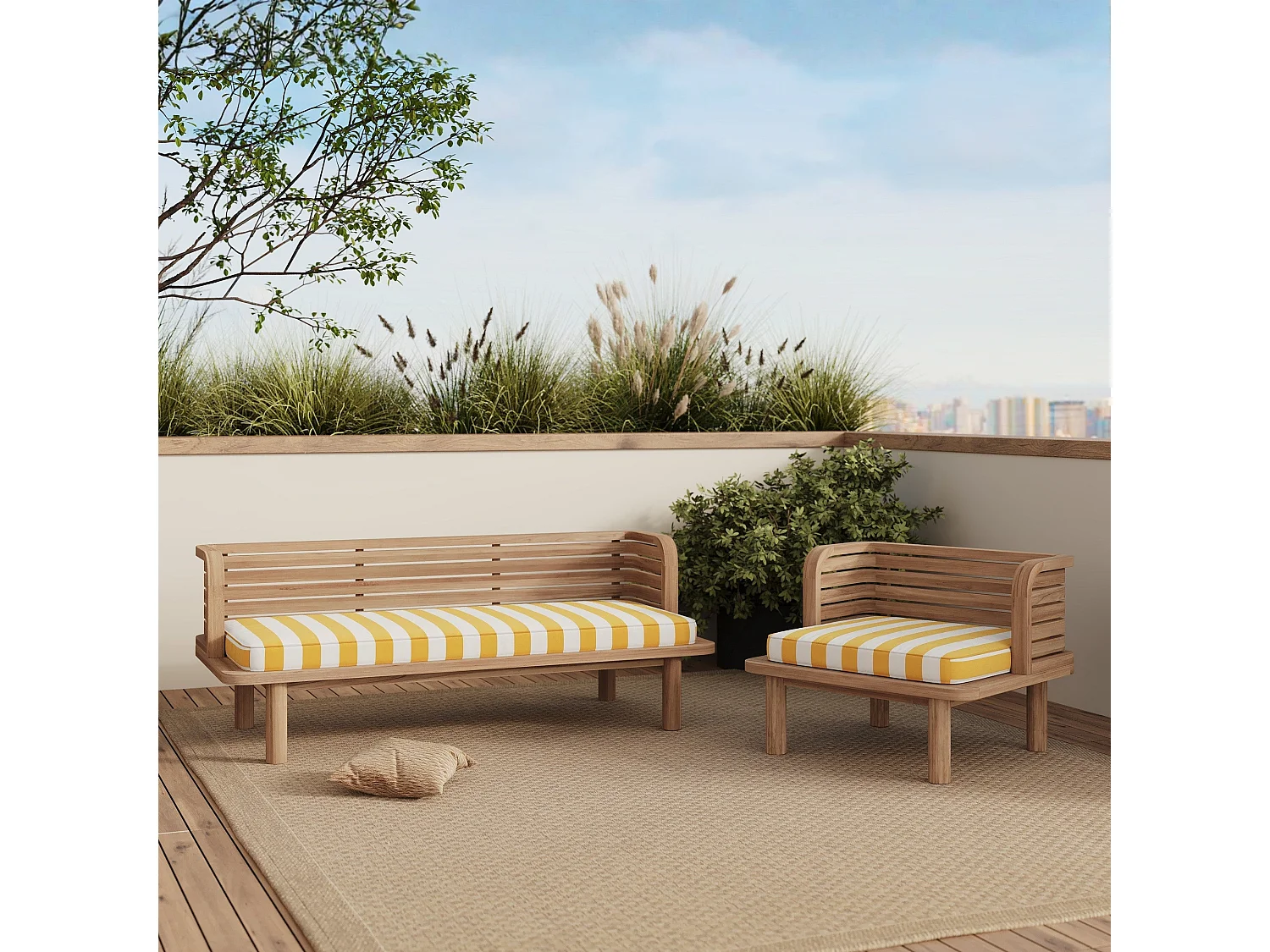 Divano e poltrona da giardino 3 posti in teak, tessuto giallo rigato - Kilda