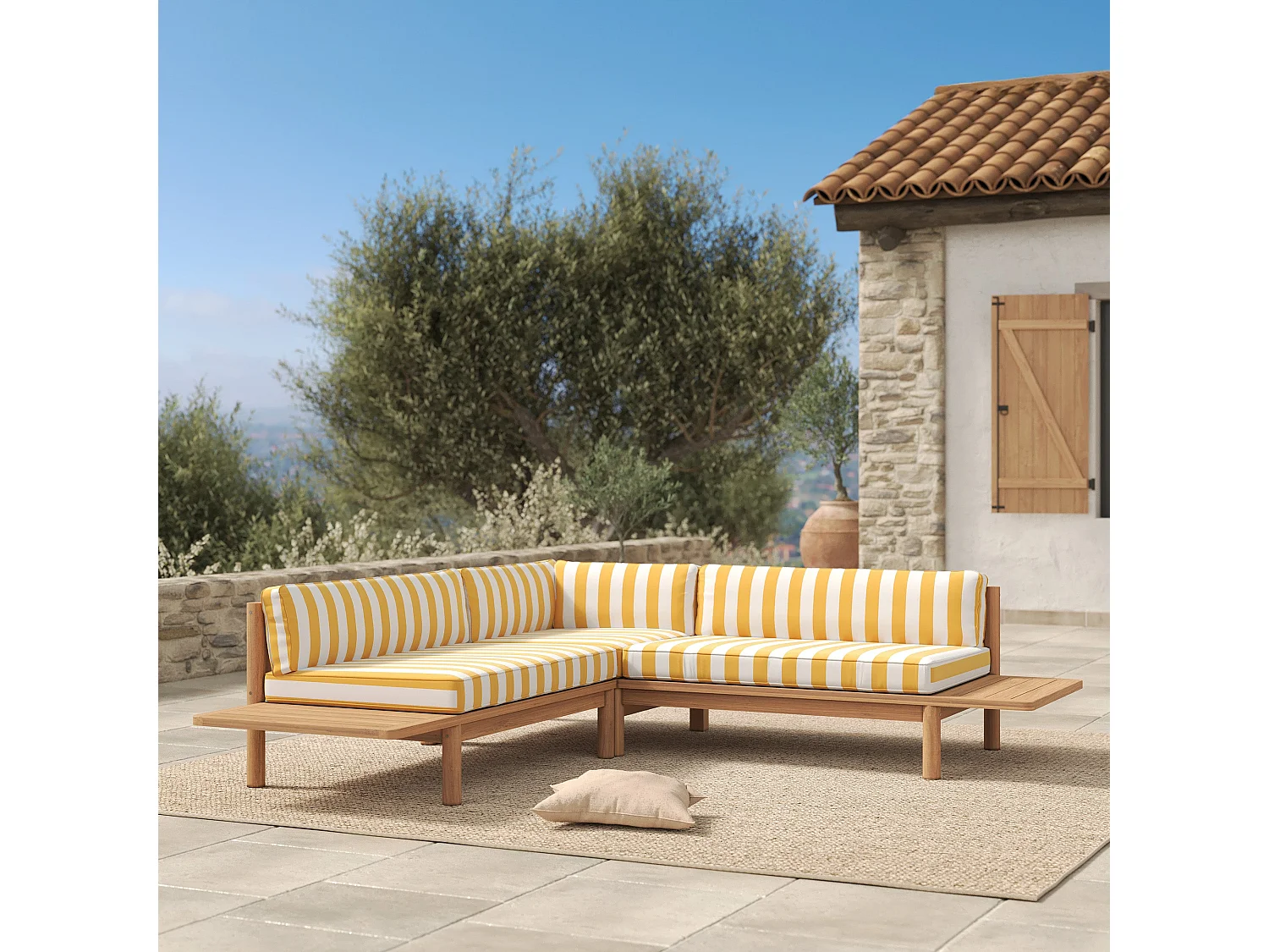 Divano angolare da giardino 4 posti in teak, cuscini gialli rigati - Nadila