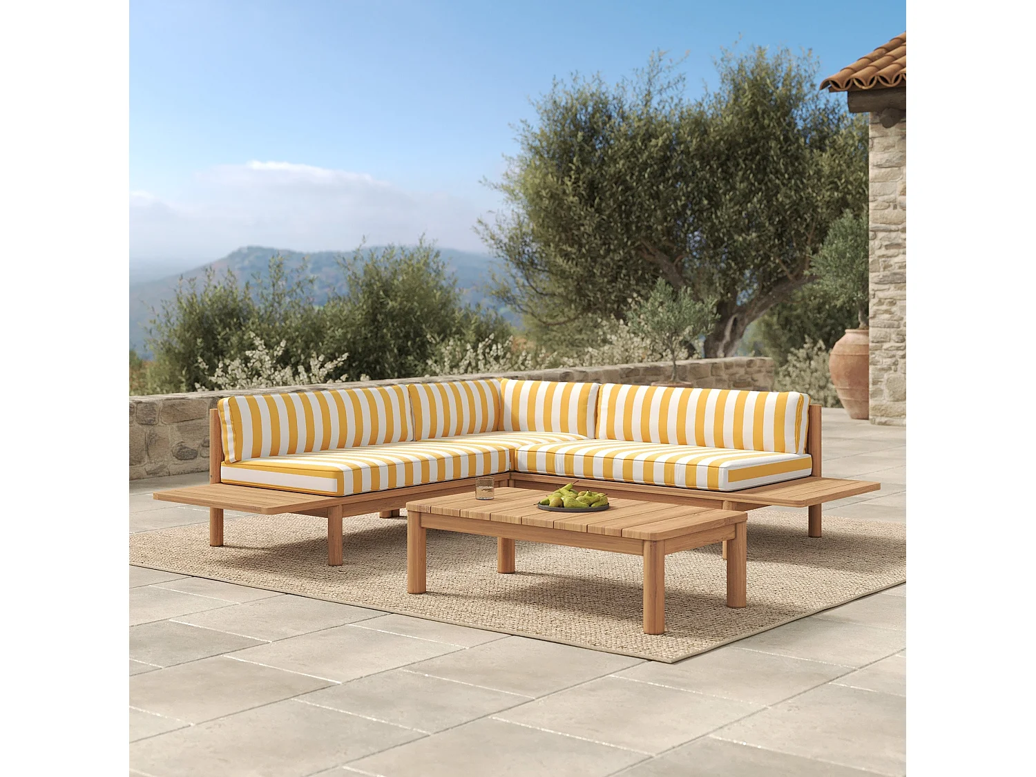 Divano angolare da giardino 4 posti in teak, cuscini gialli rigati - Nadila