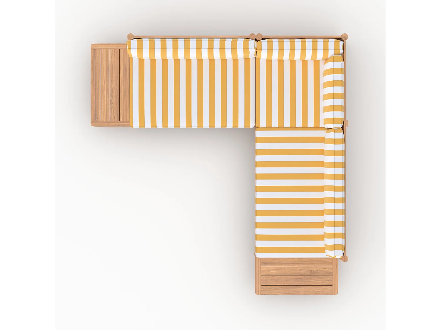 Divano angolare da giardino 4 posti in teak, cuscini gialli rigati - Nadila