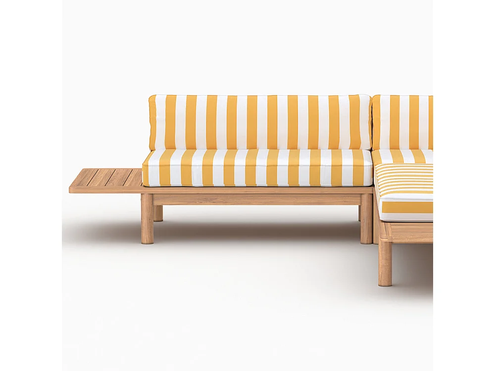 Divano angolare da giardino 4 posti in teak, cuscini gialli rigati - Nadila