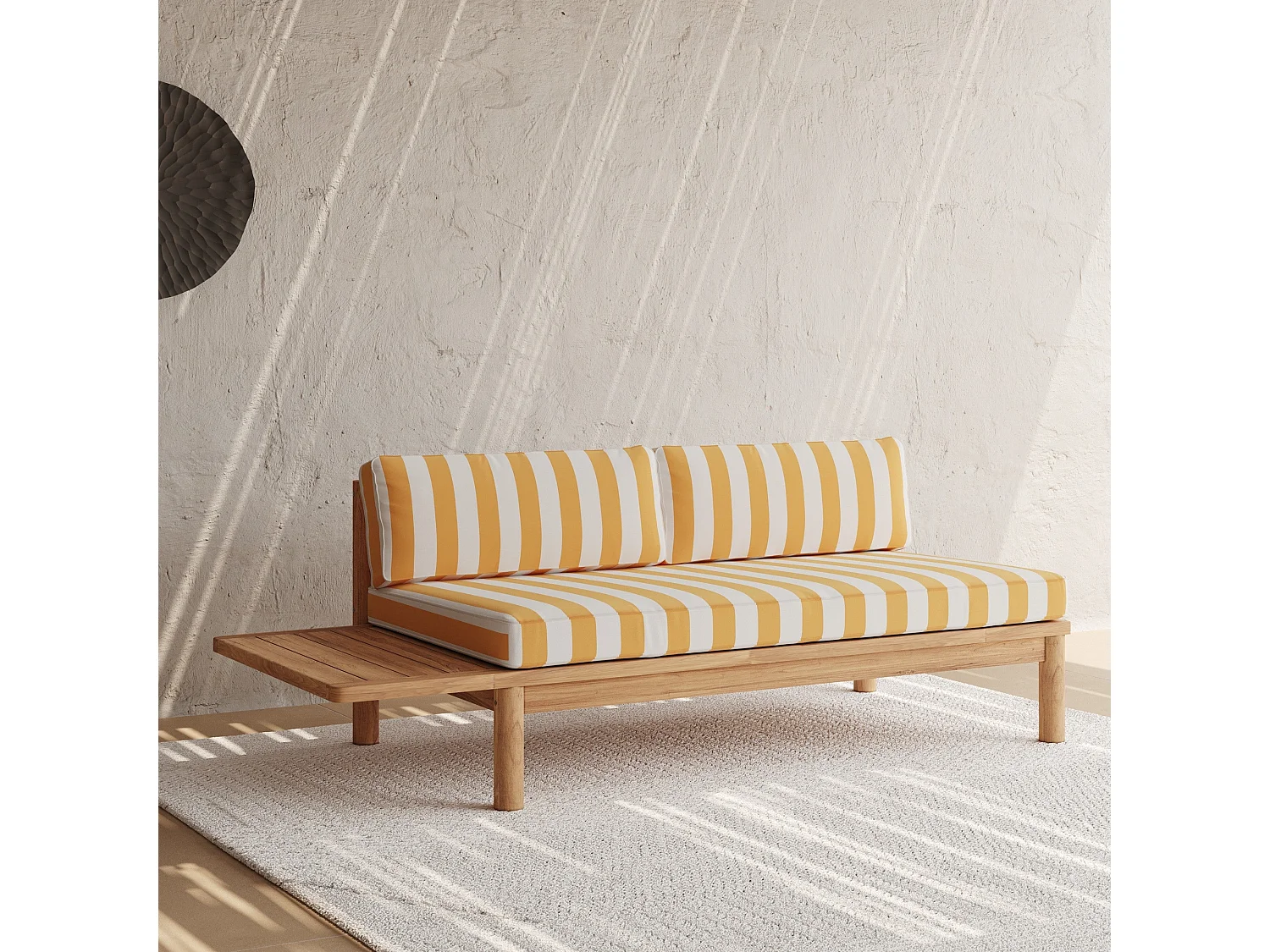 Divano da giardino in teak massiccio e cuscini a righe gialle 2 posti - Nadila