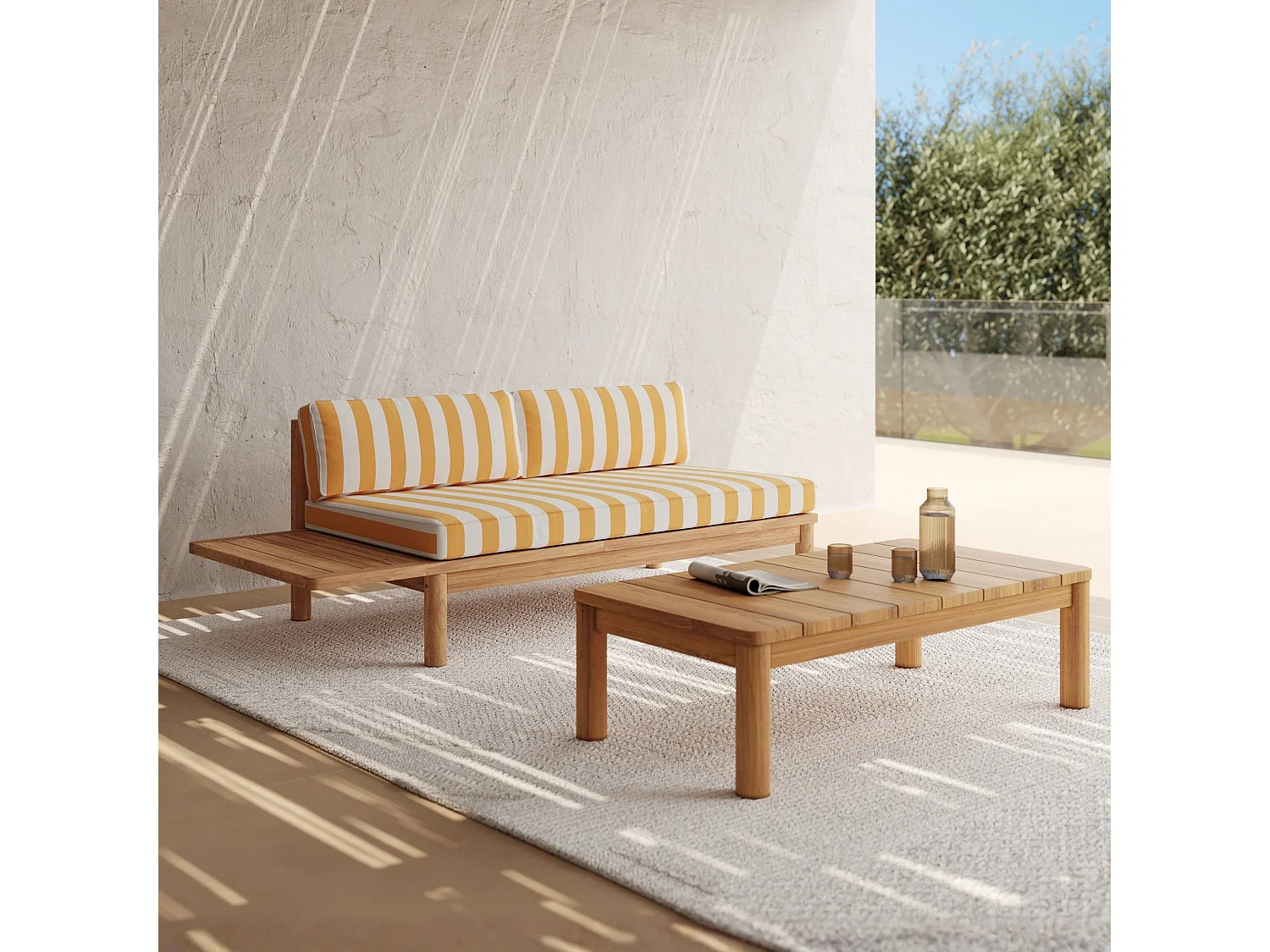 Divano da giardino in teak massiccio e cuscini a righe gialle 2 posti - Nadila