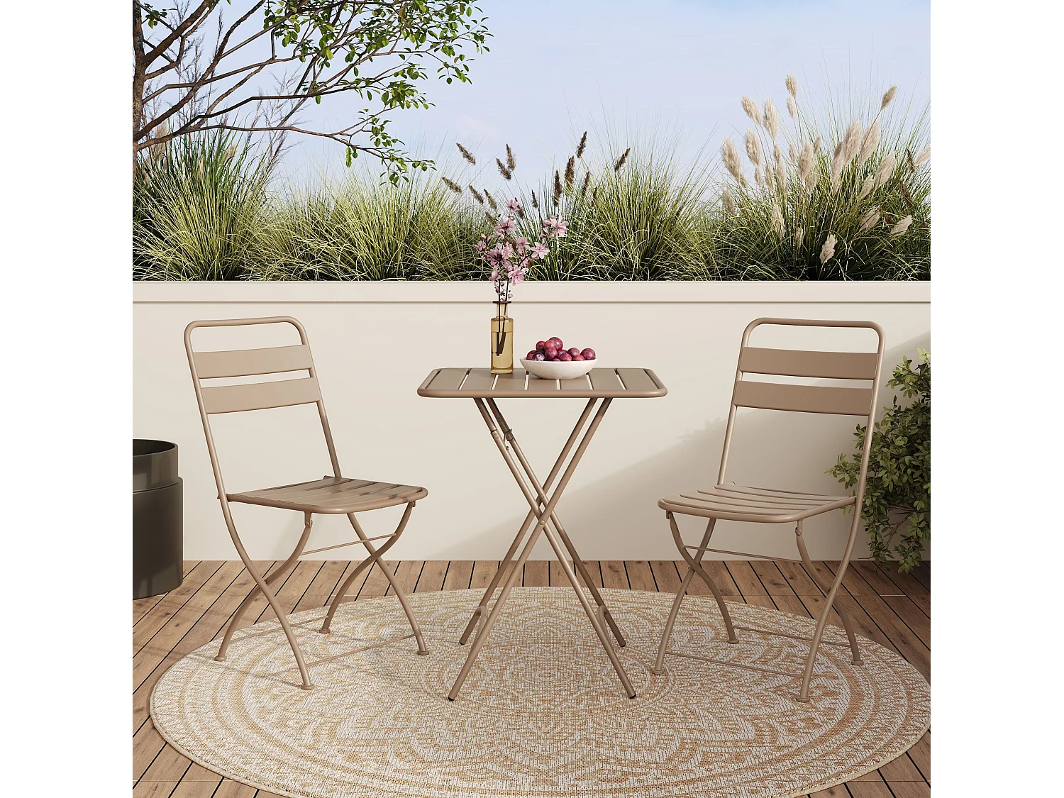 Table et chaises de jardin pliantes 2 personnes en métal taupe - Yumi