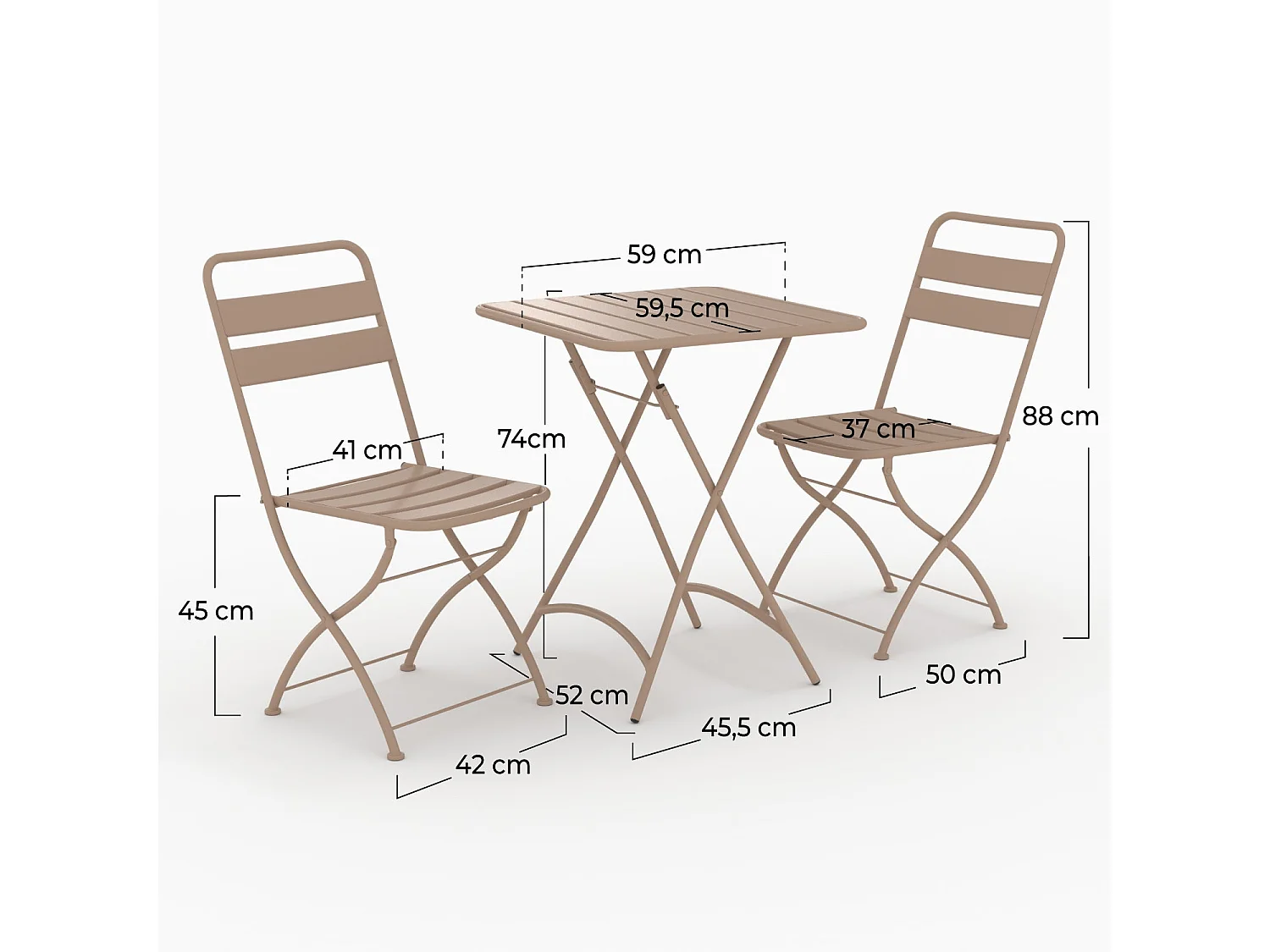 Table et chaises de jardin pliantes 2 personnes en métal taupe - Yumi