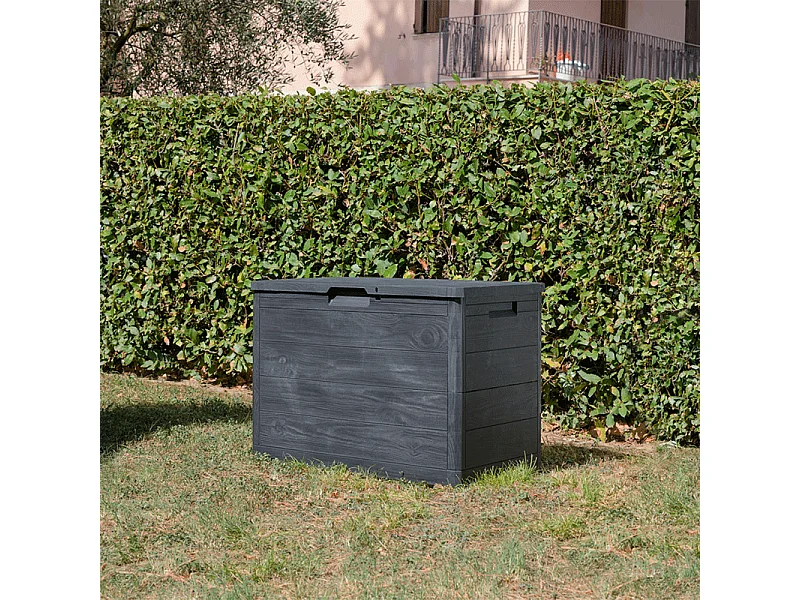 TOOMAX WOODY'S Gartenbox 160L aus recyceltem Harz mit Holzoptik Anthrazit, UV-beständig, abschließbar, Made in Italy