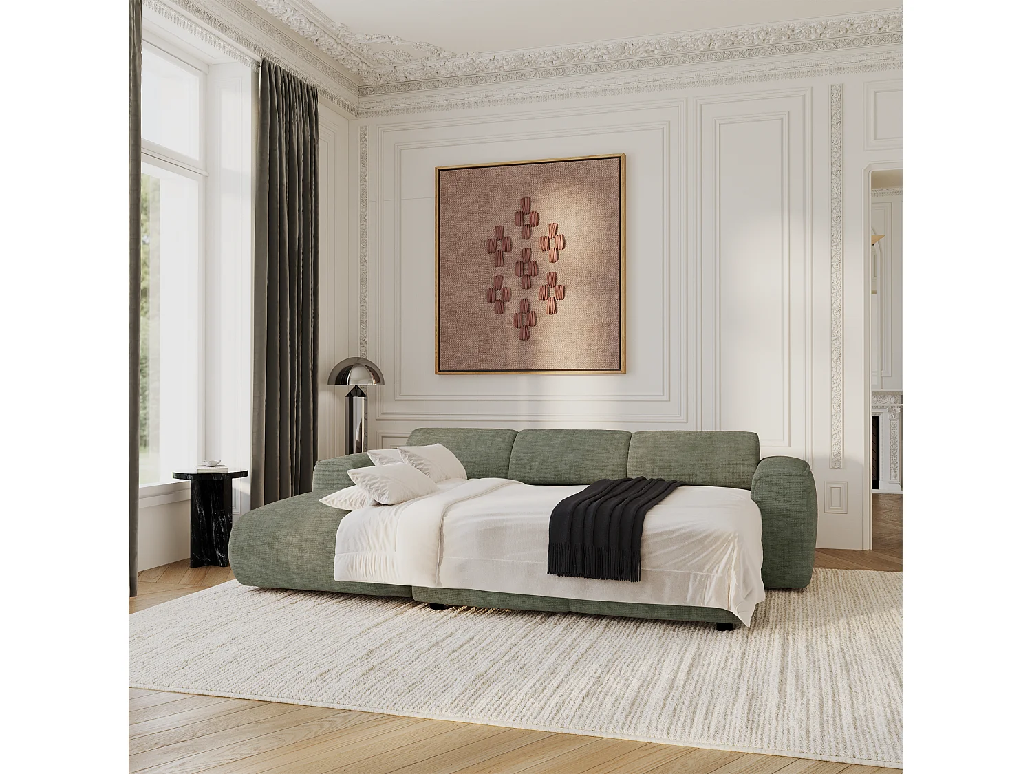 Canapé convertible angle gauche 5 places velours texturé vert sauge YUMA