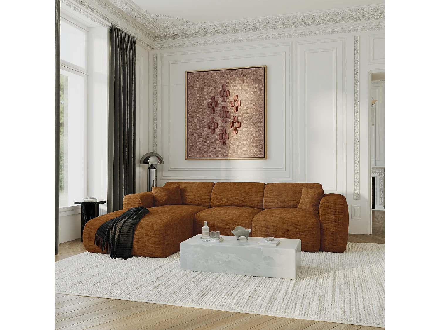 Canapé convertible angle gauche 5 places velours texturé brun YUMA