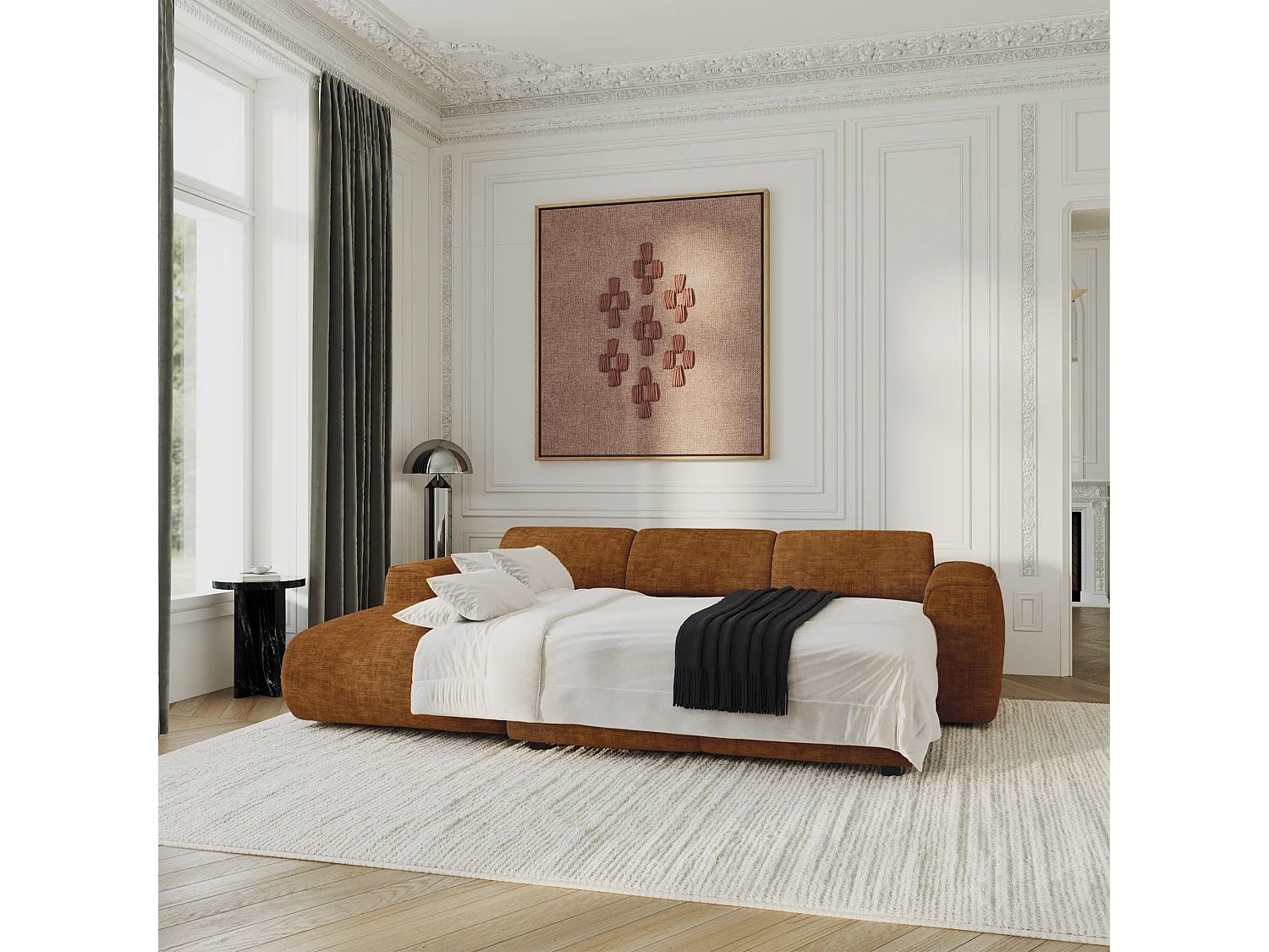 Canapé convertible angle gauche 5 places velours texturé brun YUMA