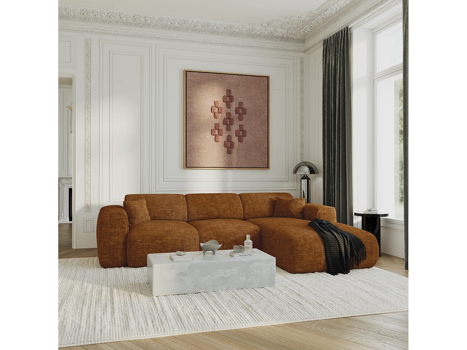 Canapé convertible angle droit 5 places velours texturé brun YUMA