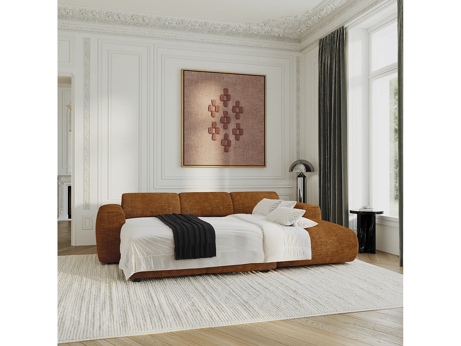 Canapé convertible angle droit 5 places velours texturé brun YUMA