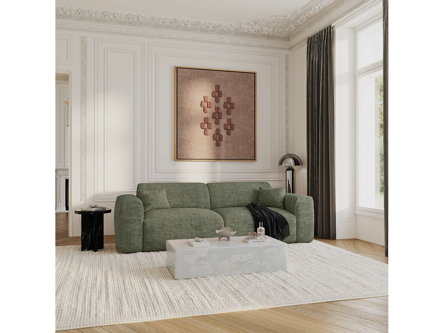 Canapé convertible 4 places velours texturé vert sauge YUMA