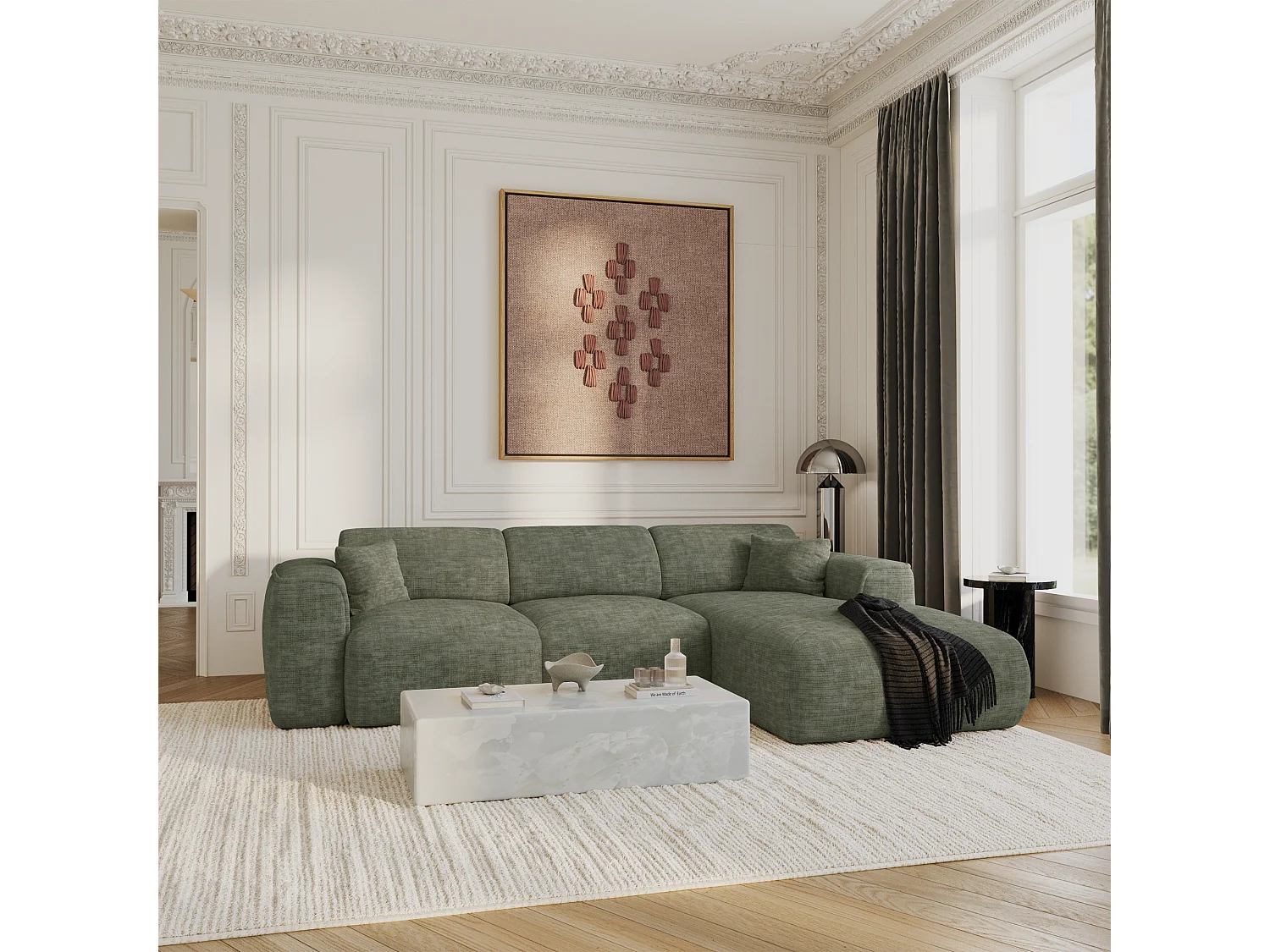 Canapé convertible angle droit 5 places velours texturé vert sauge YUMA