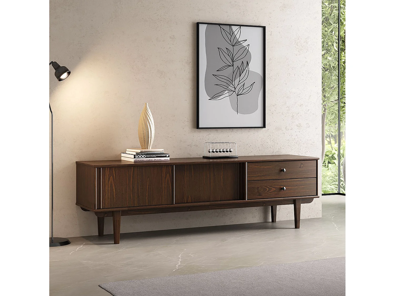 Meuble TV SIMONA L 175 cm en Bois Massif Coloris Noyer avec 2 Tiroirs 2 Portes Coulissantes, Pour téléviseur jusqu'à 75"