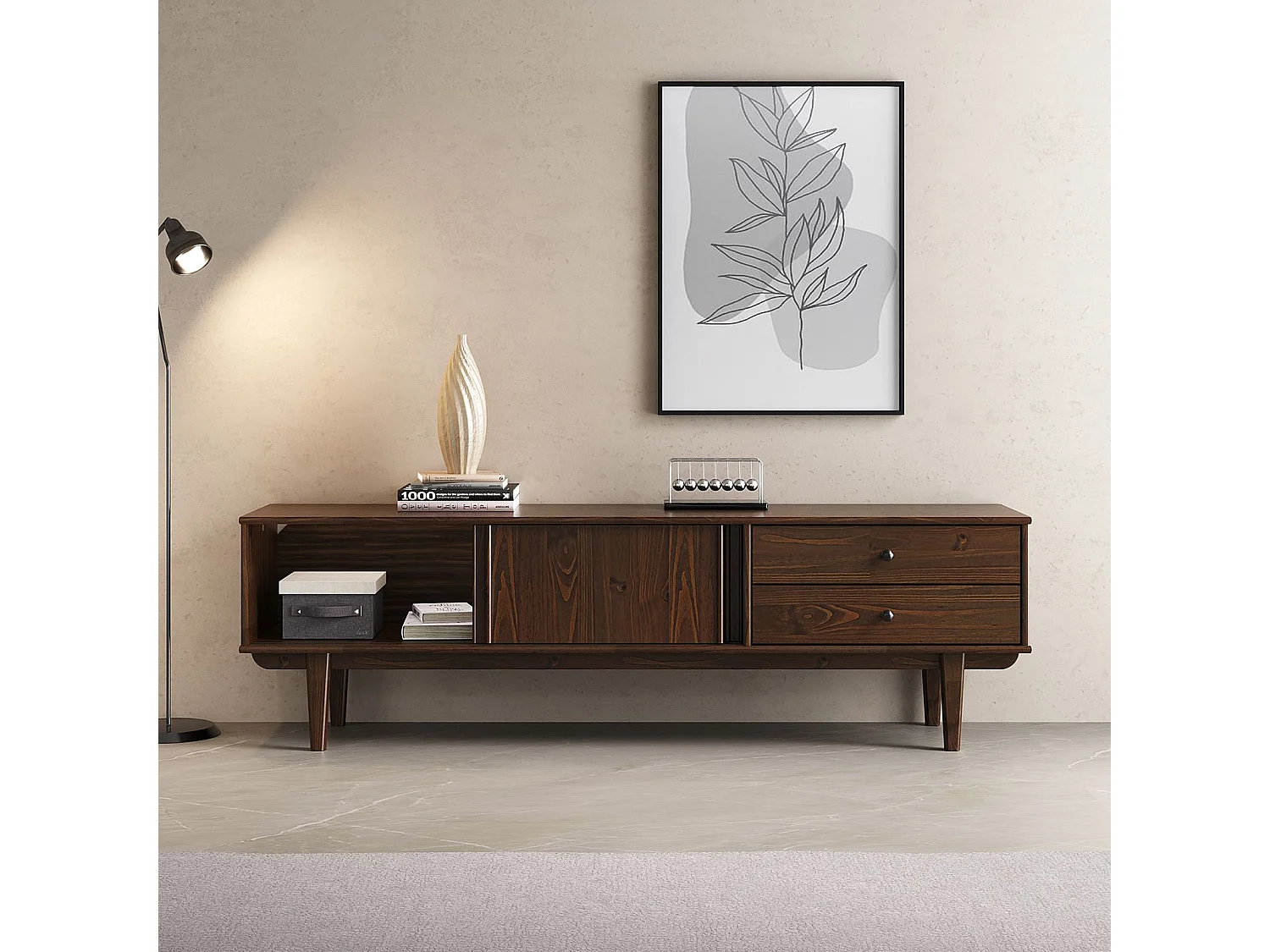 Meuble TV SIMONA L 175 cm en Bois Massif Coloris Noyer avec 2 Tiroirs 2 Portes Coulissantes, Pour téléviseur jusqu'à 75"