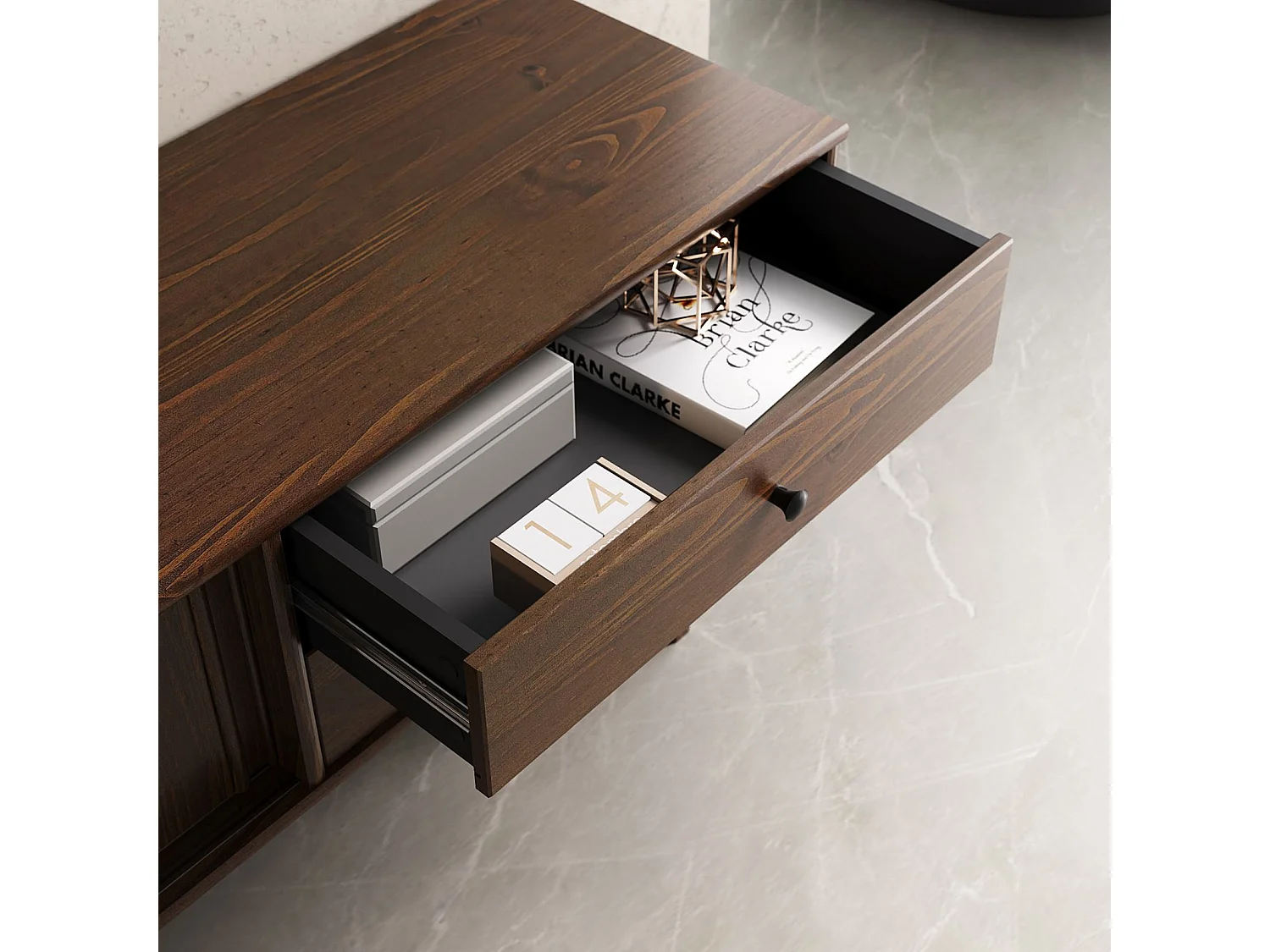 Meuble TV SIMONA L 175 cm en Bois Massif Coloris Noyer avec 2 Tiroirs 2 Portes Coulissantes, Pour téléviseur jusqu'à 75"