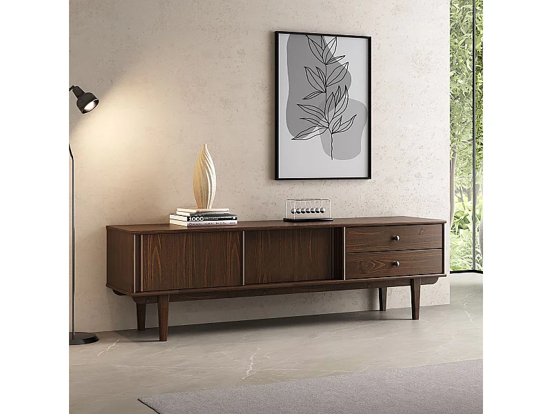 Meuble TV SIMONA L 175 cm en Bois Massif Coloris Noyer avec 2 Tiroirs 2 Portes Coulissantes, Pour téléviseur jusqu'à 75"