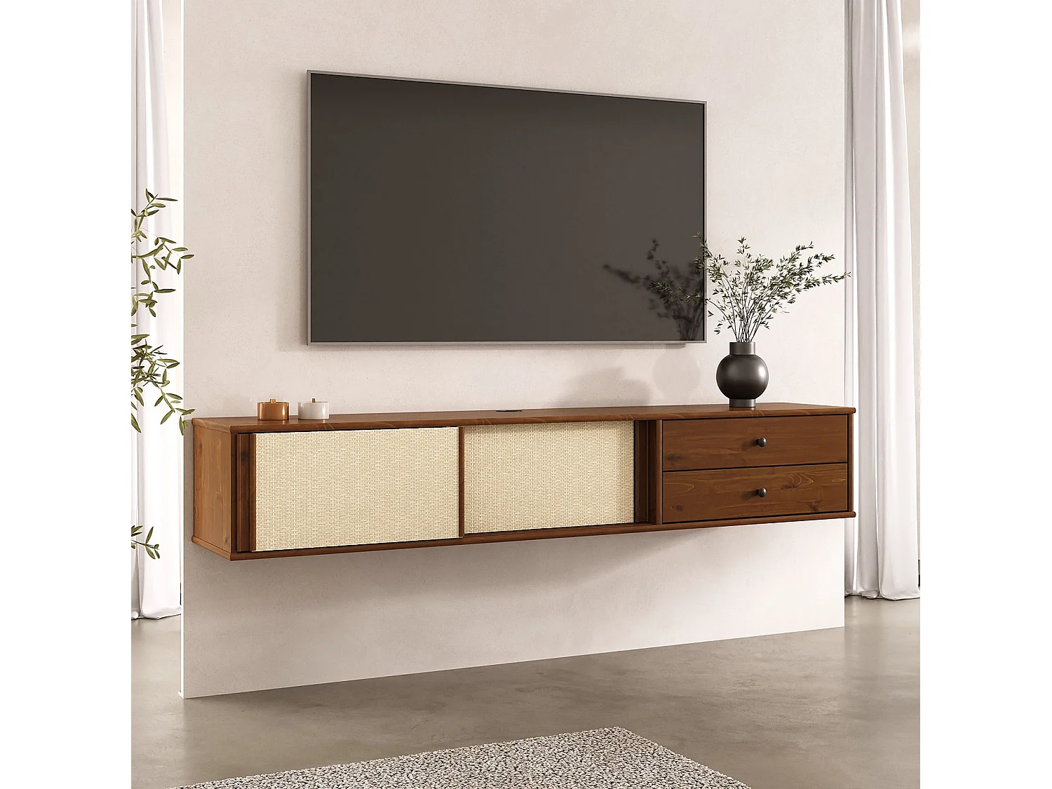 Meuble TV Suspendu SIMONA 175 cm avec 2 Tiroirs et 2 Portes Coulissantes en Rotin, En Bois Massif Coloris Châtaignier