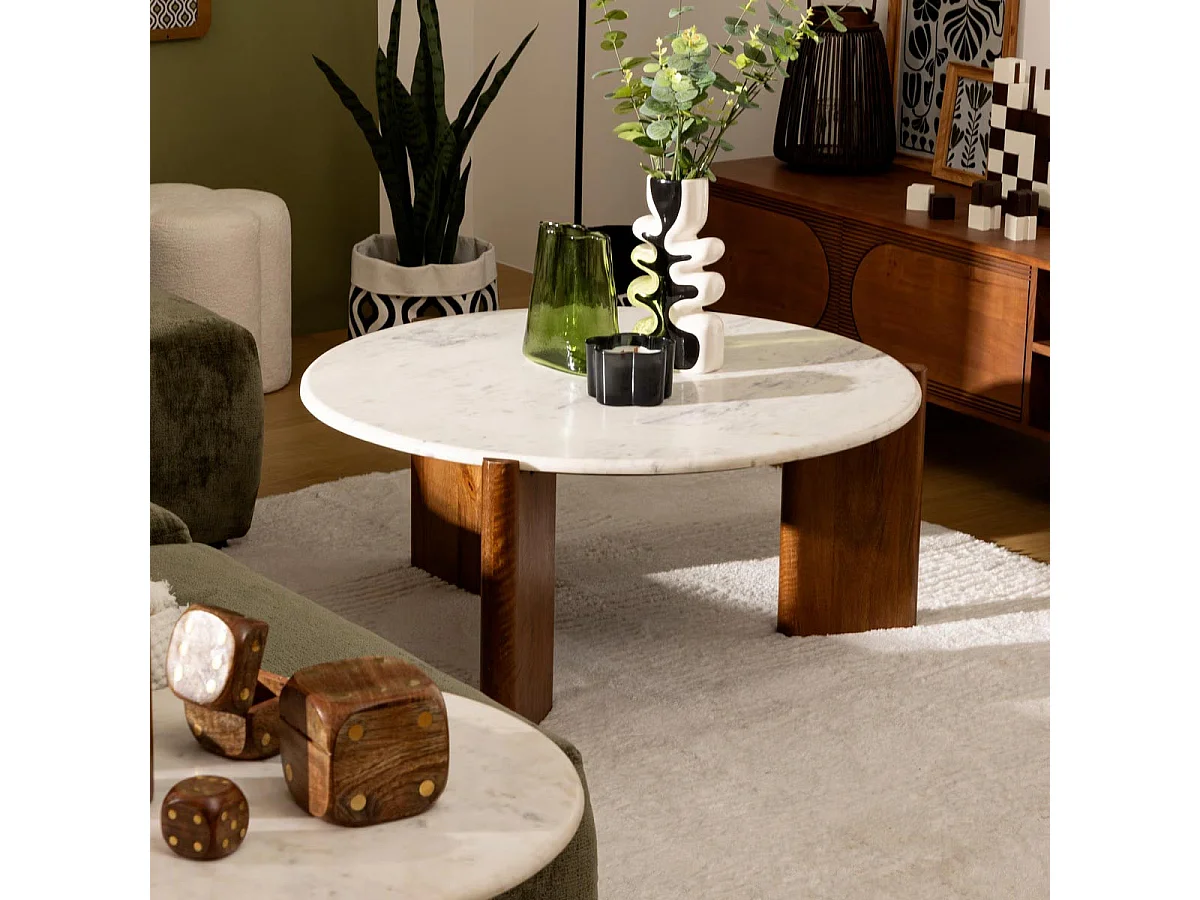 Table Basse en Marbre "Nanda" 91cm Naturel & Blanc