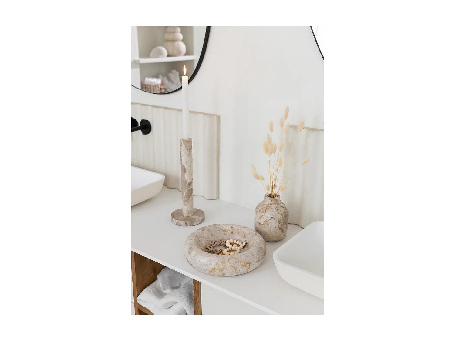 Lot de 3 Bougeoirs en Marbre "Bali" 40cm Beige