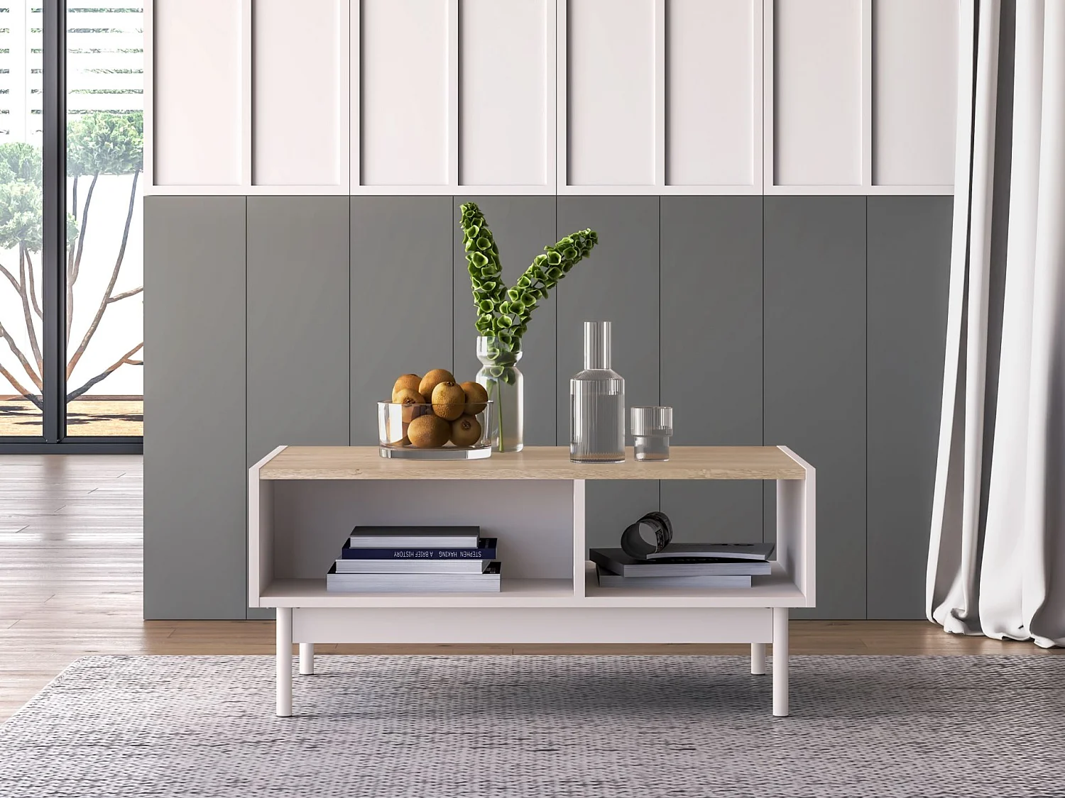 Couchtisch mit offenen Fächern – Kaschmirgrau/Eichenholzoptik – 90x60 cm – DUNEA