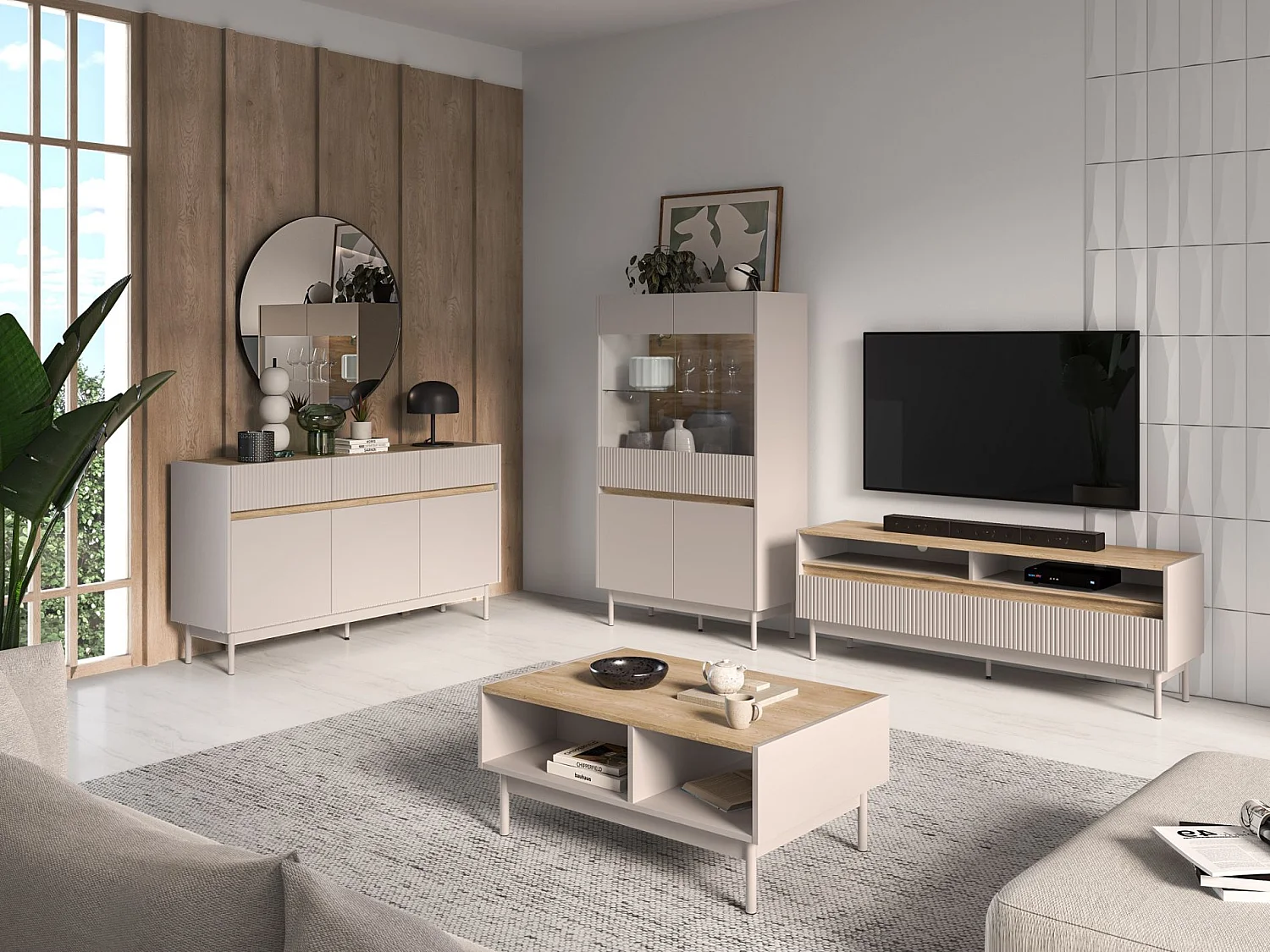 Couchtisch mit offenen Fächern – Kaschmirgrau/Eichenholzoptik – 90x60 cm – DUNEA