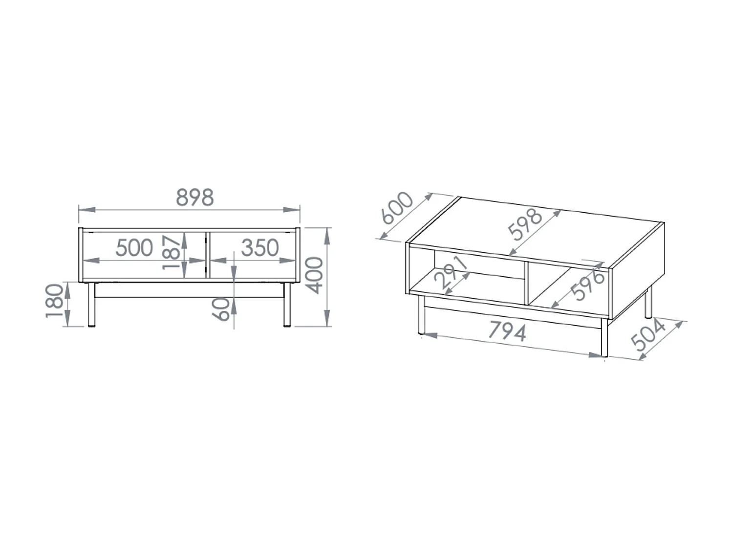 Couchtisch mit offenen Fächern – Kaschmirgrau/Eichenholzoptik – 90x60 cm – DUNEA