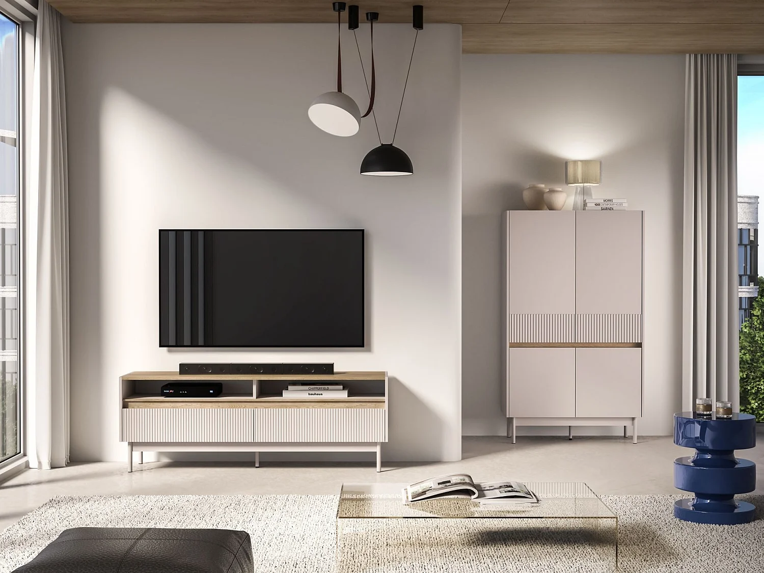 TV-Lowboard mit 2 Schubladen – Kaschmirgrau/Eichenholzoptik – 154 cm – DUNEA