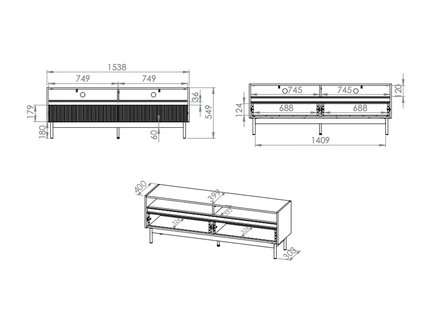 TV-Lowboard mit 2 Schubladen – Kaschmirgrau/Eichenholzoptik – 154 cm – DUNEA