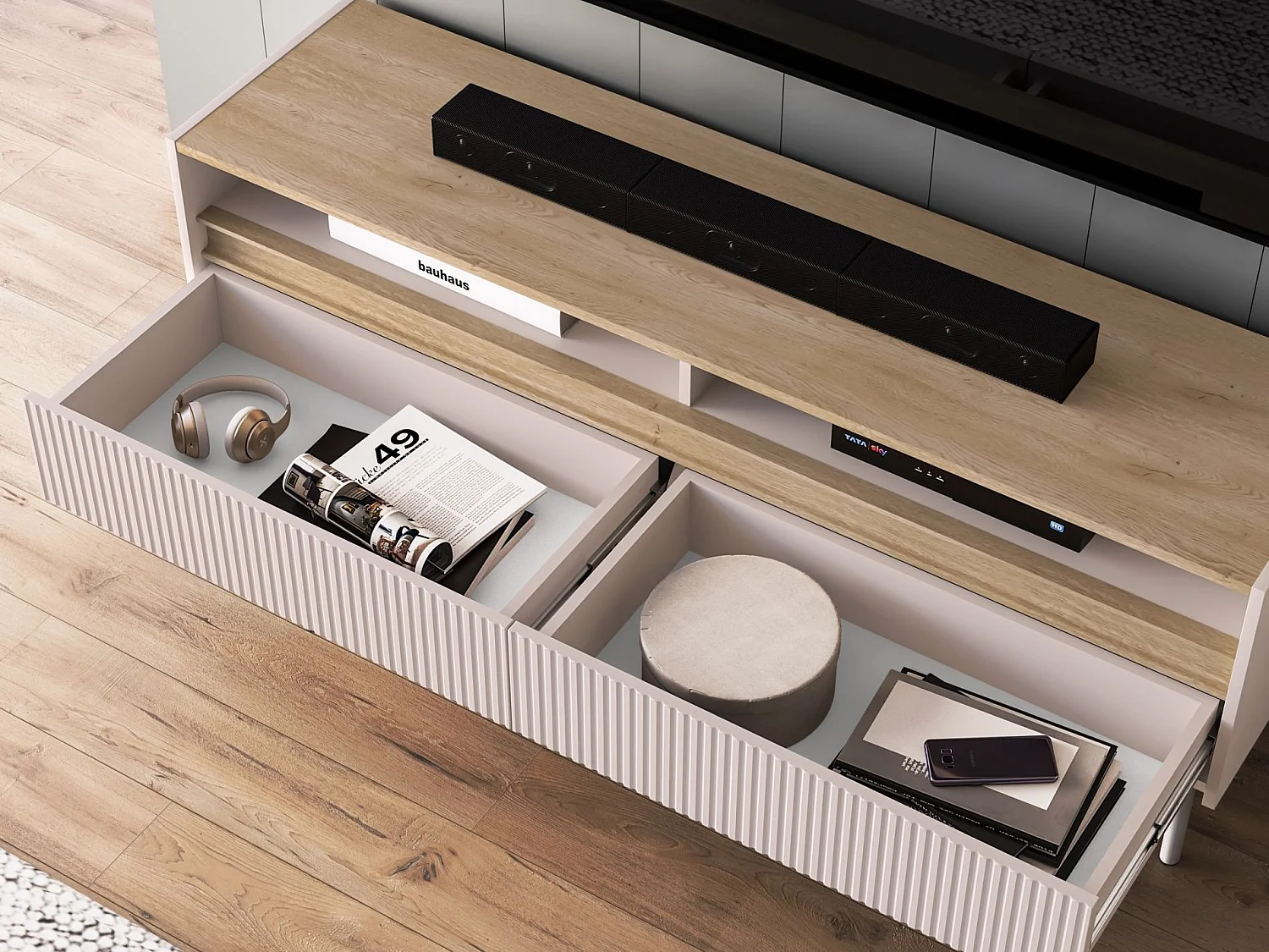 TV-Lowboard mit 2 Schubladen – Kaschmirgrau/Eichenholzoptik – 154 cm – DUNEA