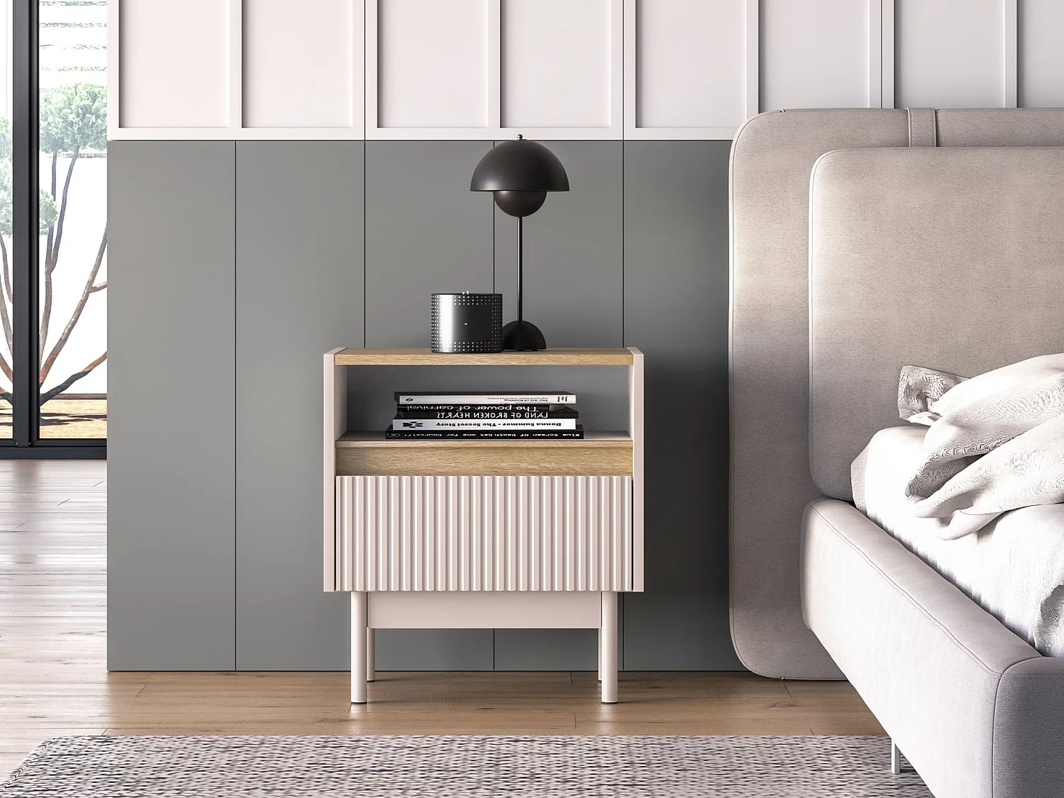 Nachttisch mit Schublade – Kaschmirgrau/Eichenholzoptik – 50 cm – DUNEA