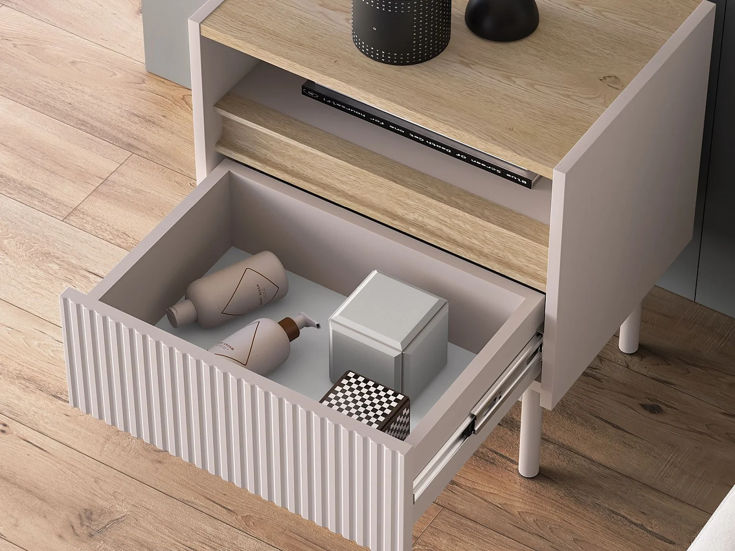 Nachttisch mit Schublade – Kaschmirgrau/Eichenholzoptik – 50 cm – DUNEA