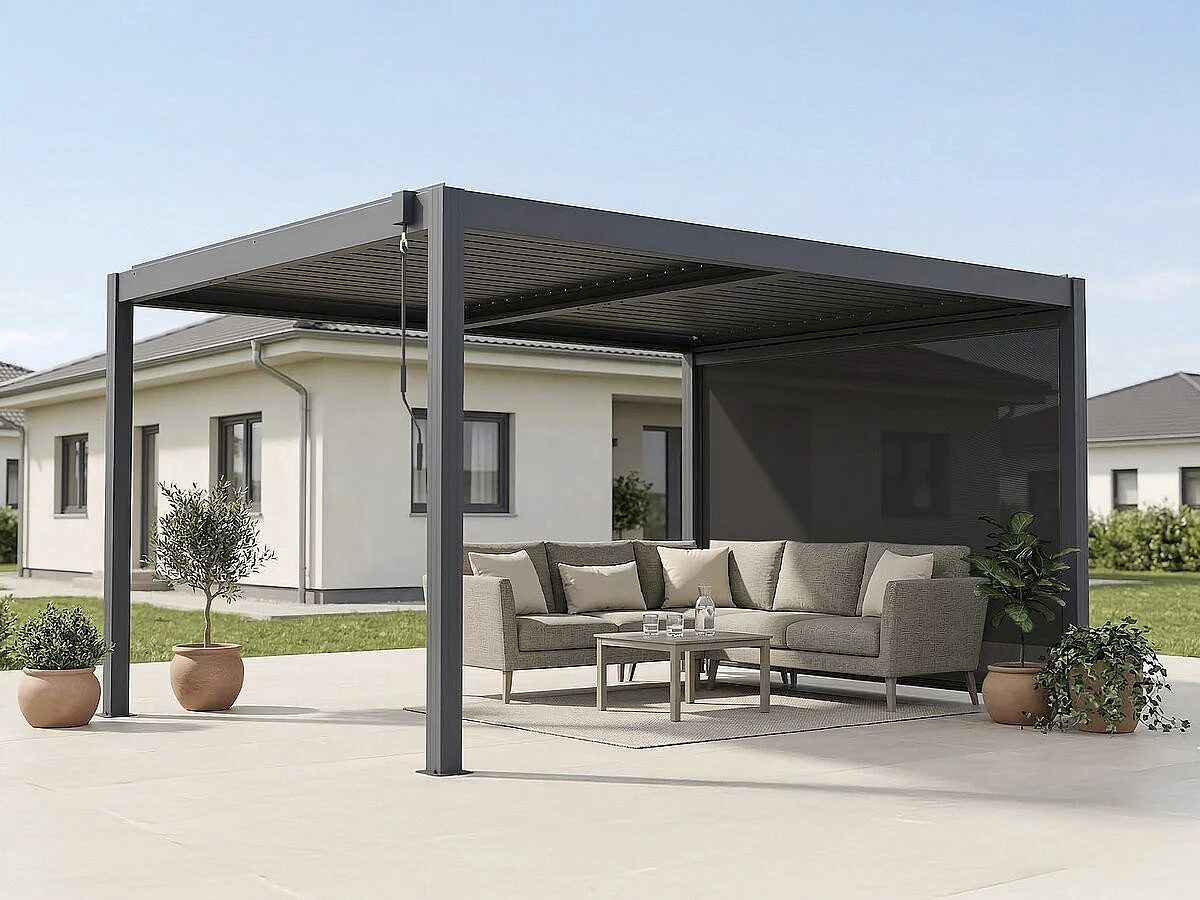 Pérgola bioclimática "Windsor premium" con led y toldo de aluminio - 3 x 4 m - Gris