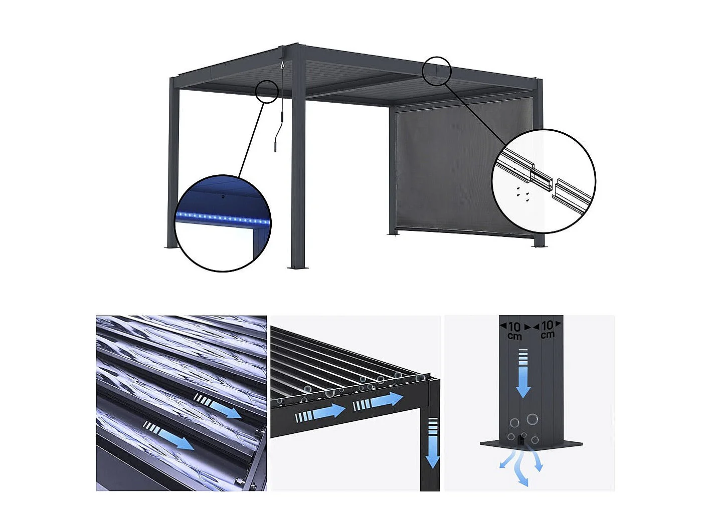 Pérgola bioclimática "Windsor premium" con led y toldo de aluminio - 3 x 4 m - Gris