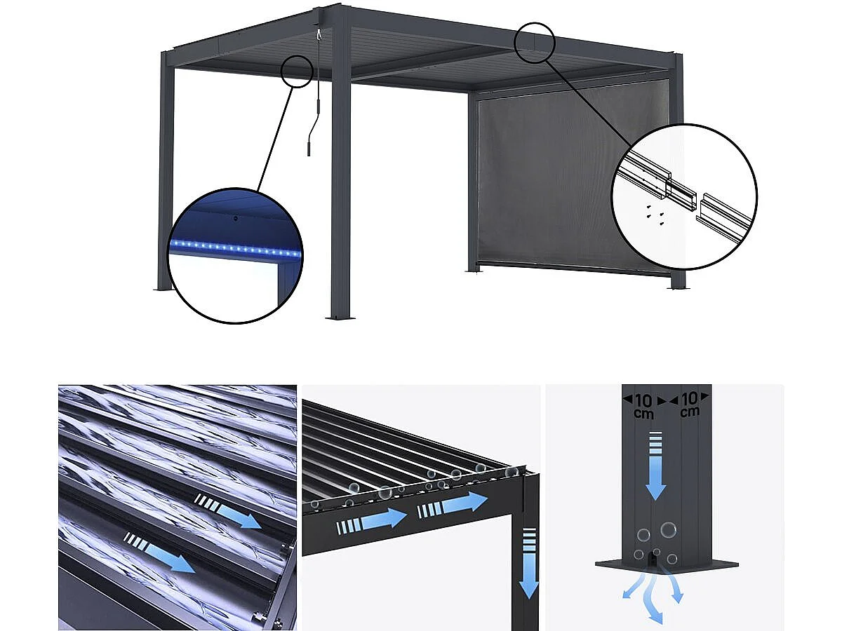 Pergola bioclimatique avec led et store en aluminium "Windsor premium" - 3 x 4 m - Gris