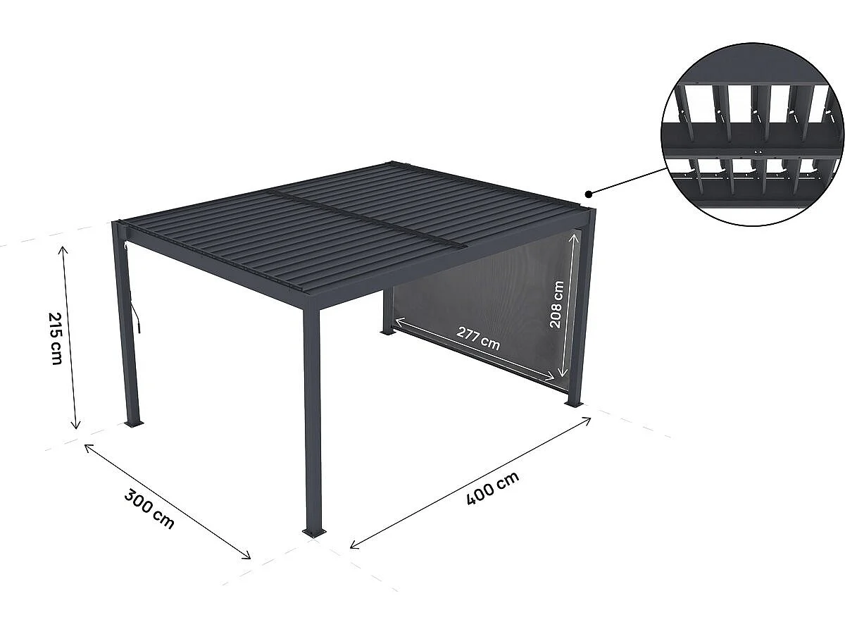 Pergola bioclimatique avec led et store en aluminium "Windsor premium" - 3 x 4 m - Gris